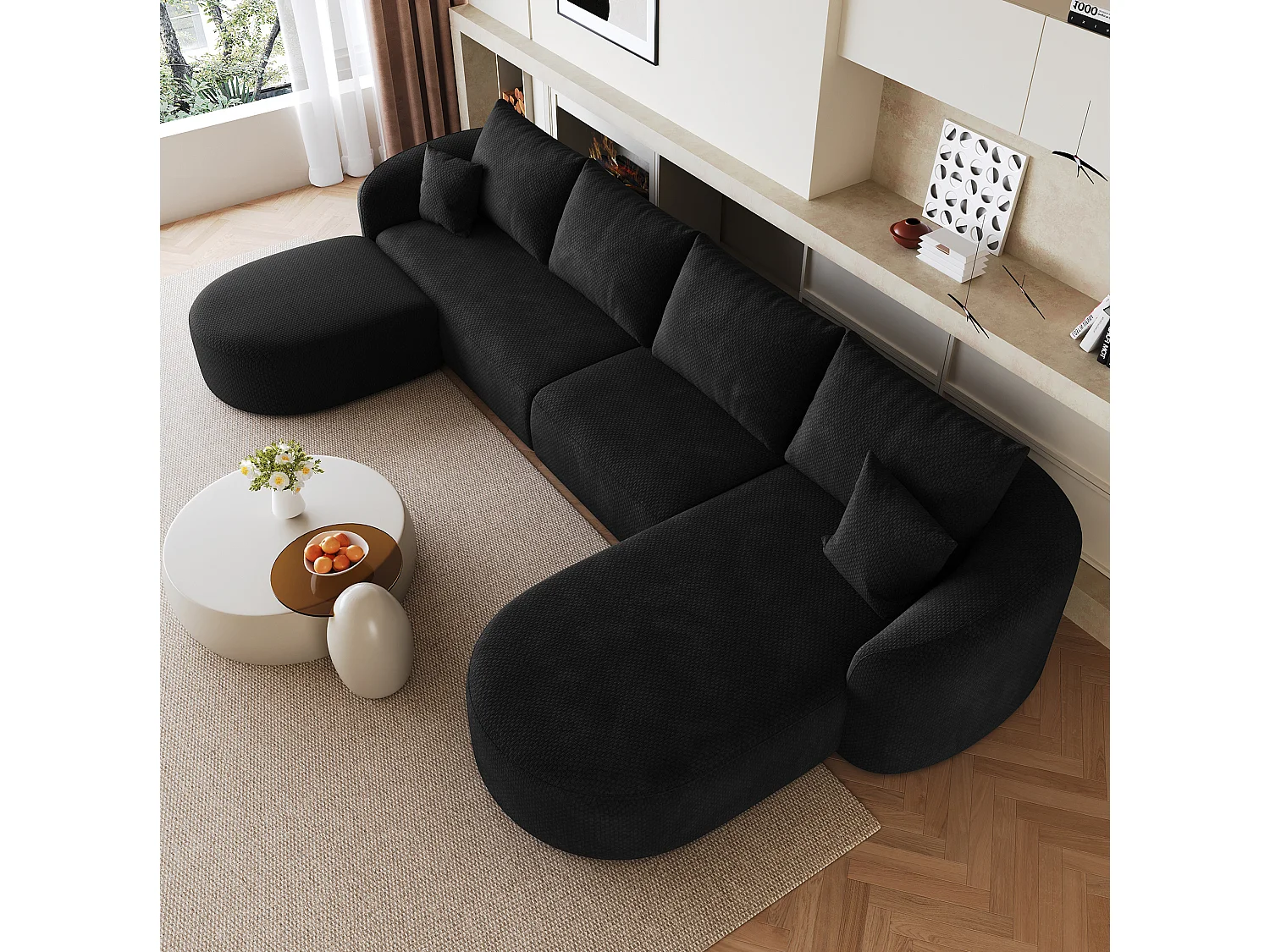 4-zits U-vormige hoekbank met voetenbank, rechterhoek, zonder montage, stoffen bekleding, zwart, 336x168x85 cm