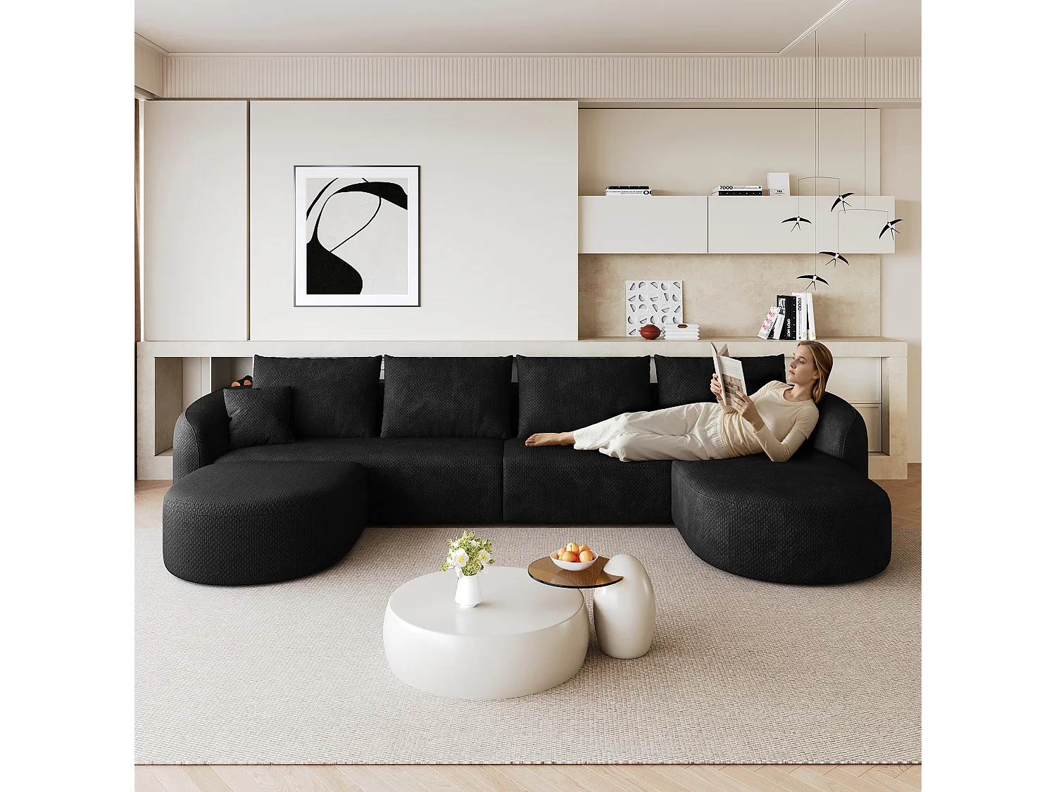 4-zits U-vormige hoekbank met voetenbank, rechterhoek, zonder montage, stoffen bekleding, zwart, 336x168x85 cm