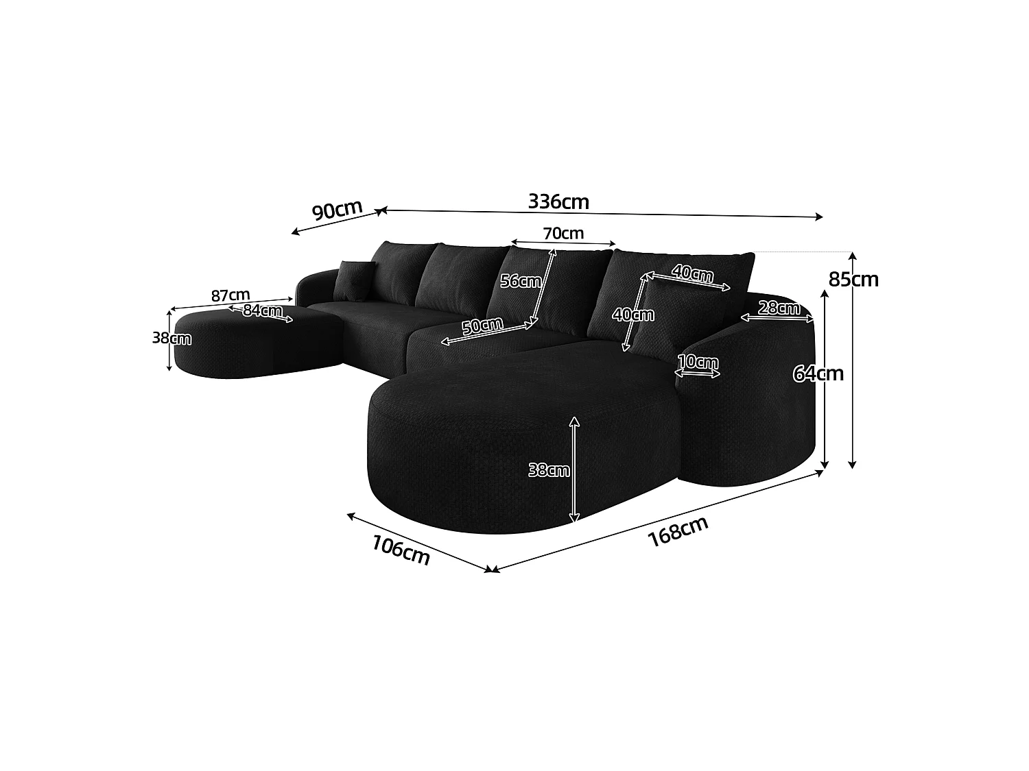4-zits U-vormige hoekbank met voetenbank, rechterhoek, zonder montage, stoffen bekleding, zwart, 336x168x85 cm