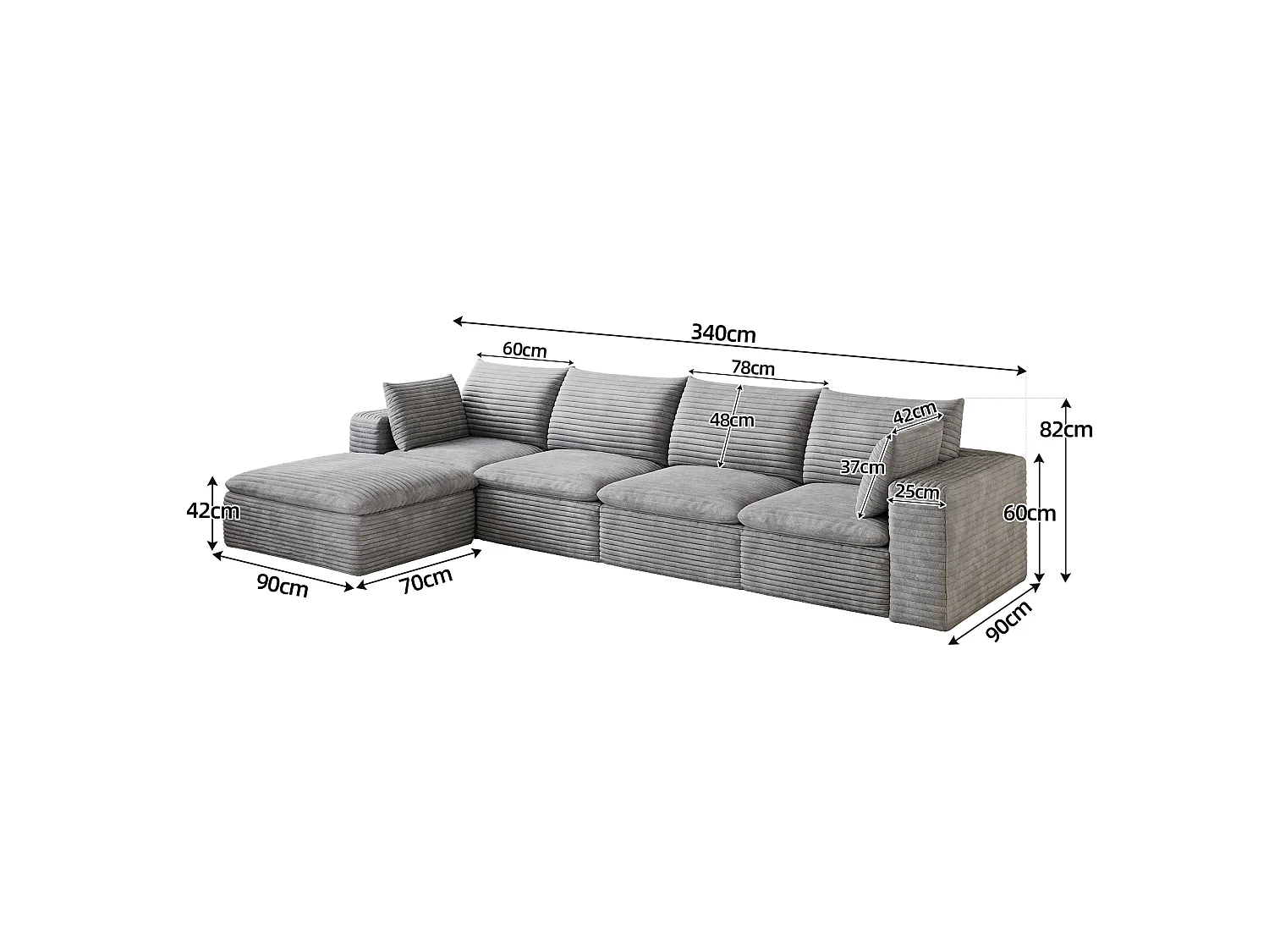 Modulaire 4-zits hoekbank met voetenbank en afneembaar zitkussen, ribfluweel, grijs