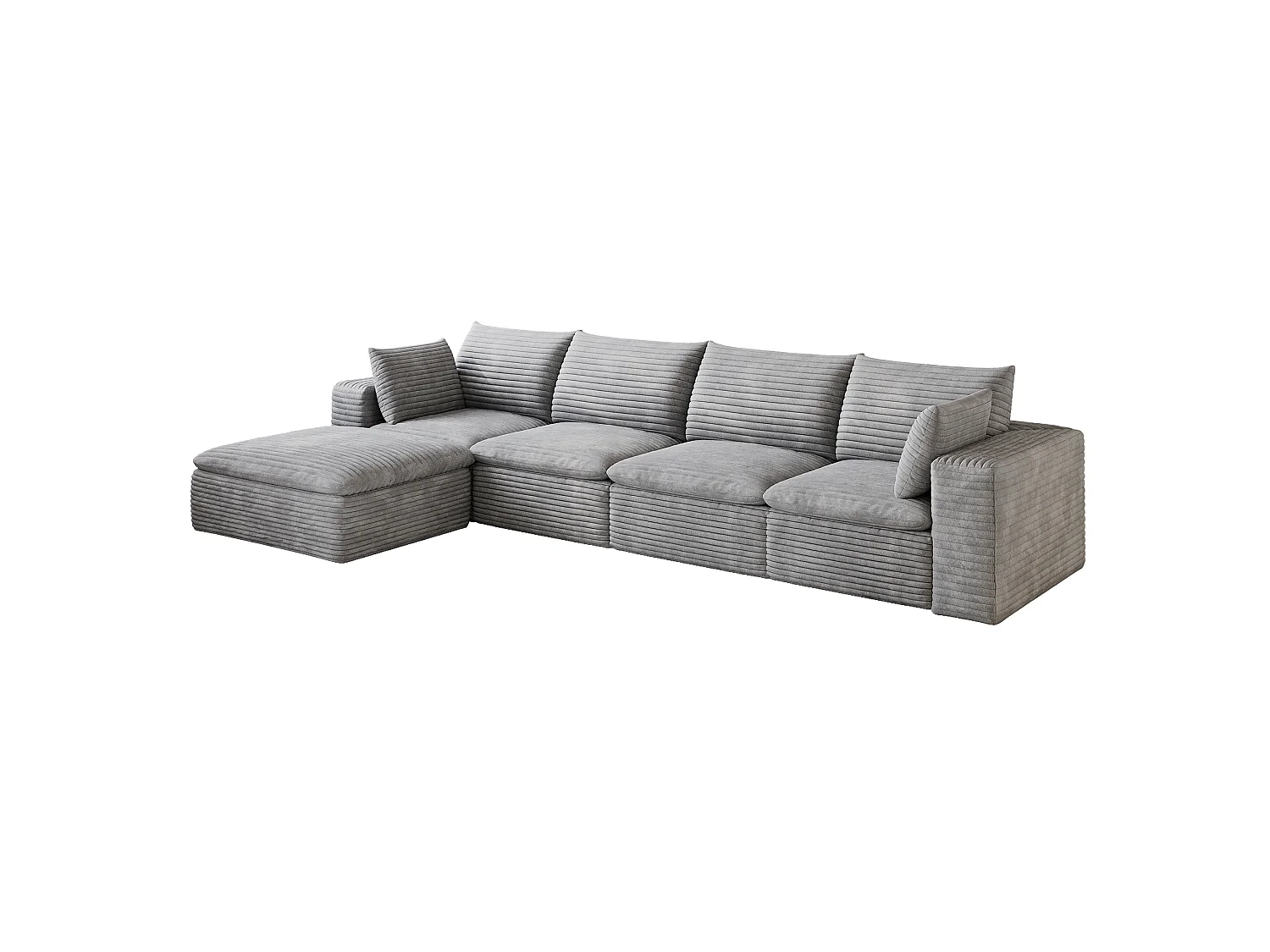 Modulaire 4-zits hoekbank met voetenbank en afneembaar zitkussen, ribfluweel, grijs