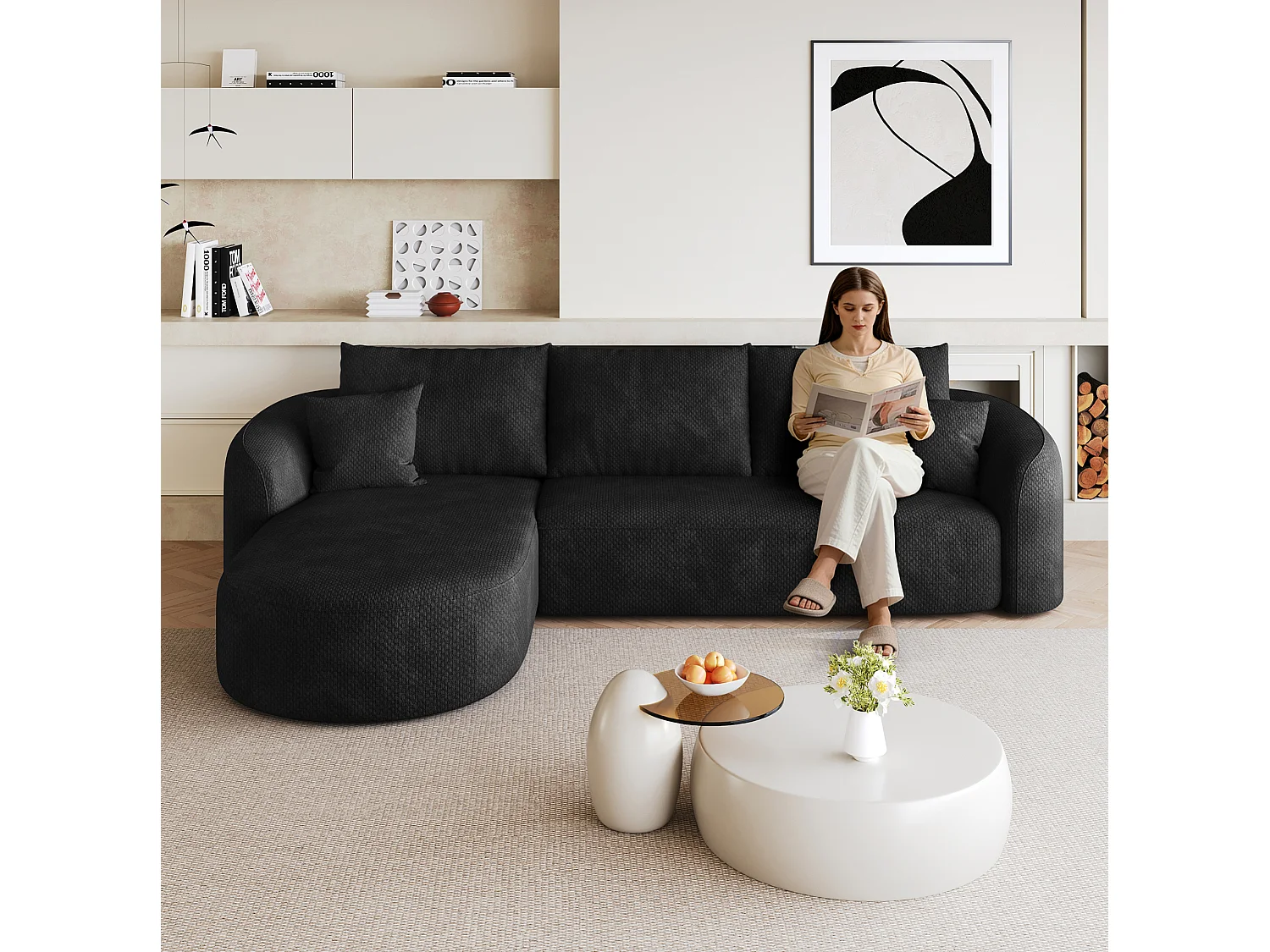Modulaire 3-zits hoekbank, linkerhoek, stoffen bekleding, zwart, 266x168x85 cm
