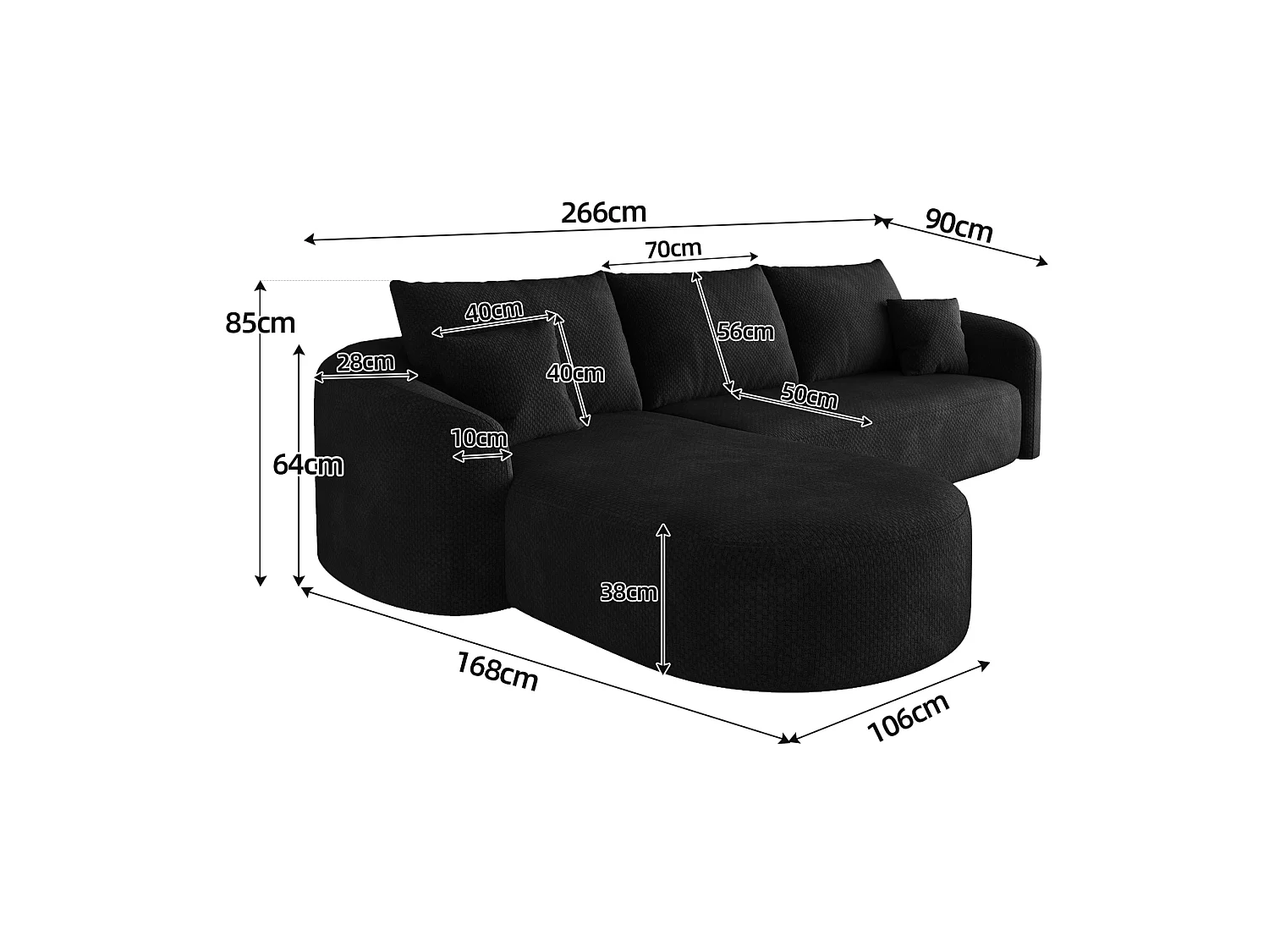 Modulaire 3-zits hoekbank, linkerhoek, stoffen bekleding, zwart, 266x168x85 cm