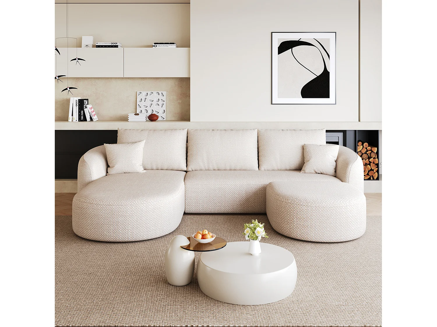 3-zits U-vormige hoekbank met voetenbank, linkerhoek, zonder montage, stoffen bekleding, wit, 266x168x85 cm
