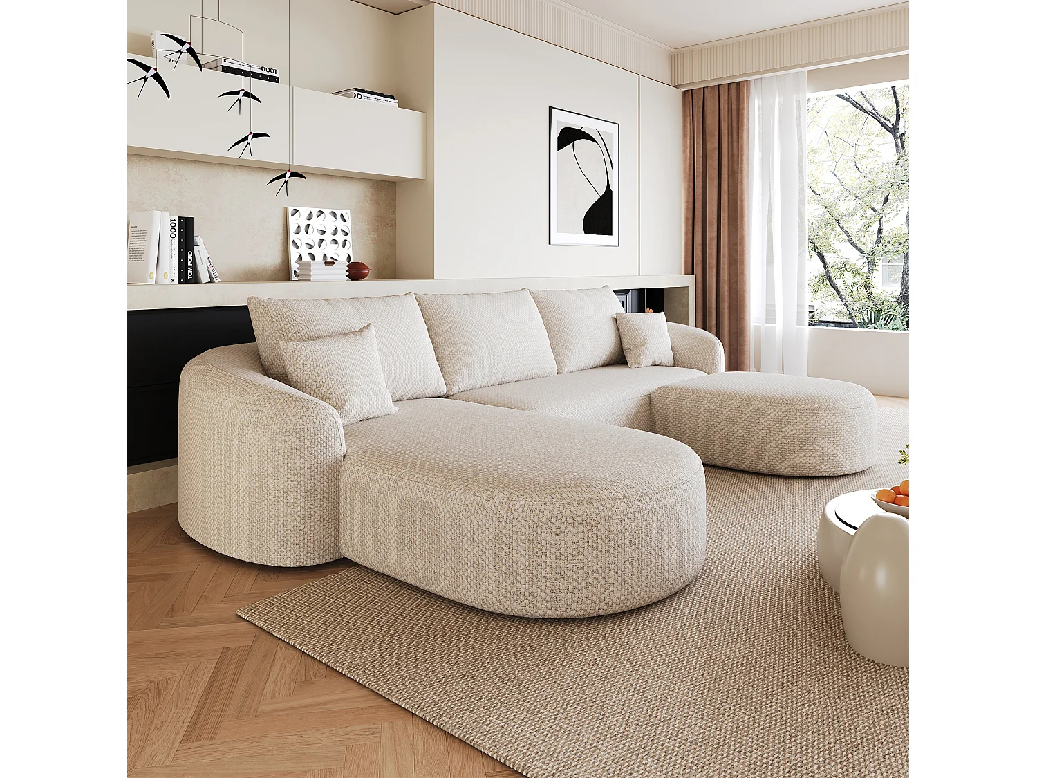 3-zits U-vormige hoekbank met voetenbank, linkerhoek, zonder montage, stoffen bekleding, wit, 266x168x85 cm