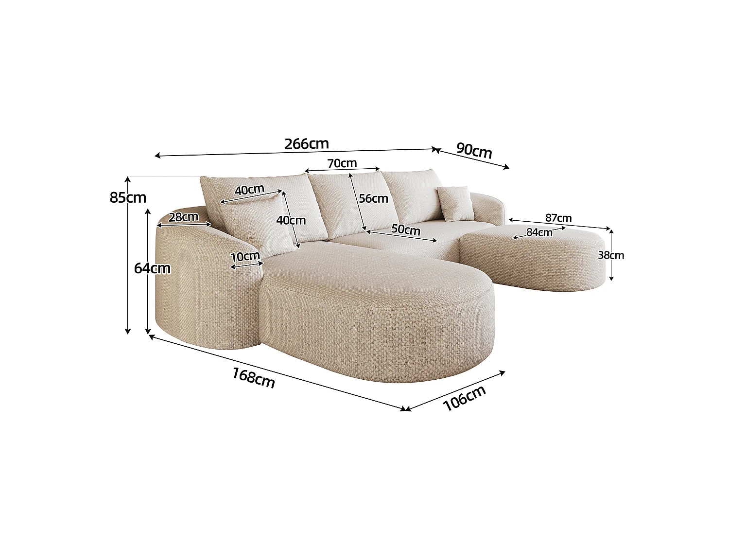 3-zits U-vormige hoekbank met voetenbank, linkerhoek, zonder montage, stoffen bekleding, wit, 266x168x85 cm