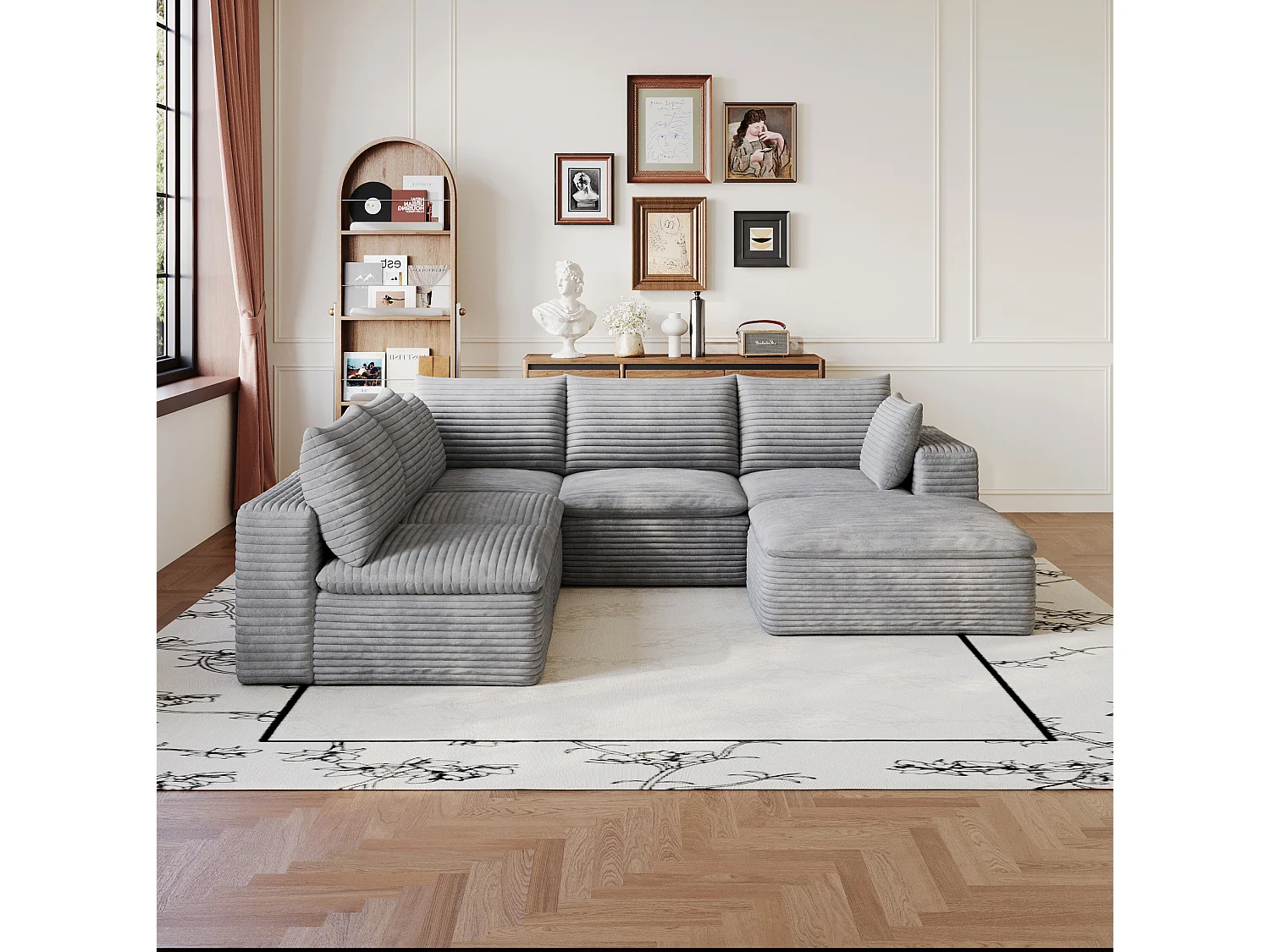 Canapé d'angle modulable 6 places avec coussin d'assise amovible, en velours côtelé, gris