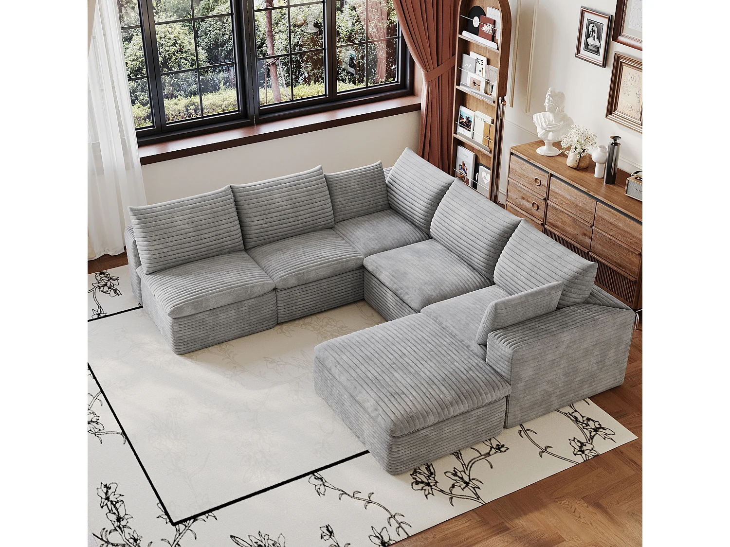 Canapé d'angle modulable 6 places avec coussin d'assise amovible, en velours côtelé, gris