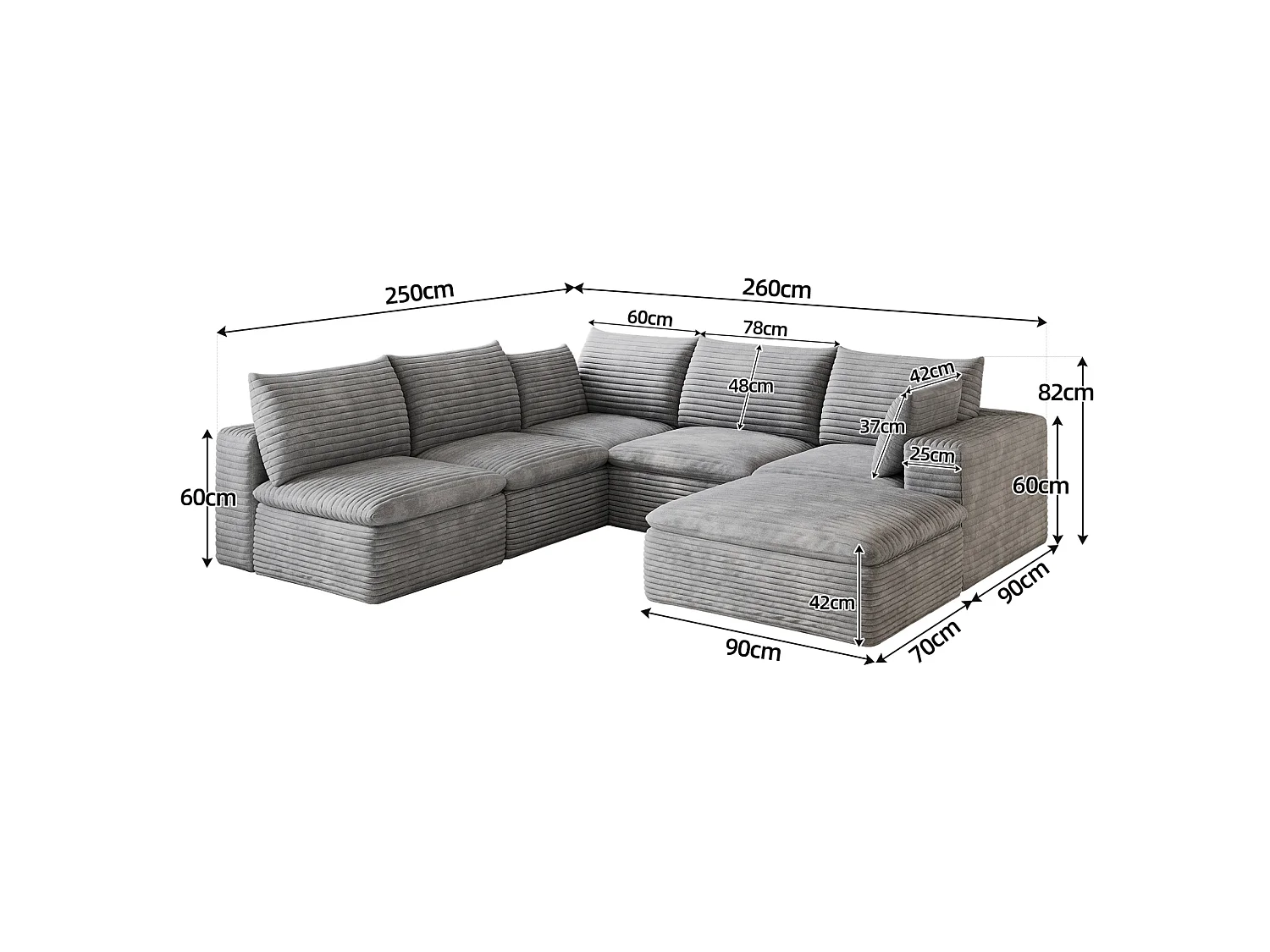 Canapé d'angle modulable 6 places avec coussin d'assise amovible, en velours côtelé, gris