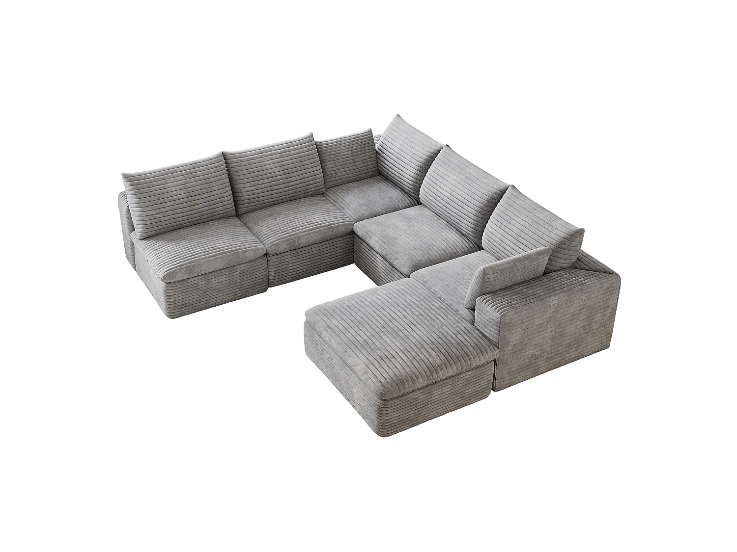 Canapé d'angle modulable 6 places avec coussin d'assise amovible, en velours côtelé, gris