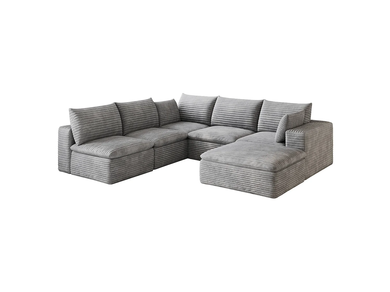 Canapé d'angle modulable 6 places avec coussin d'assise amovible, en velours côtelé, gris