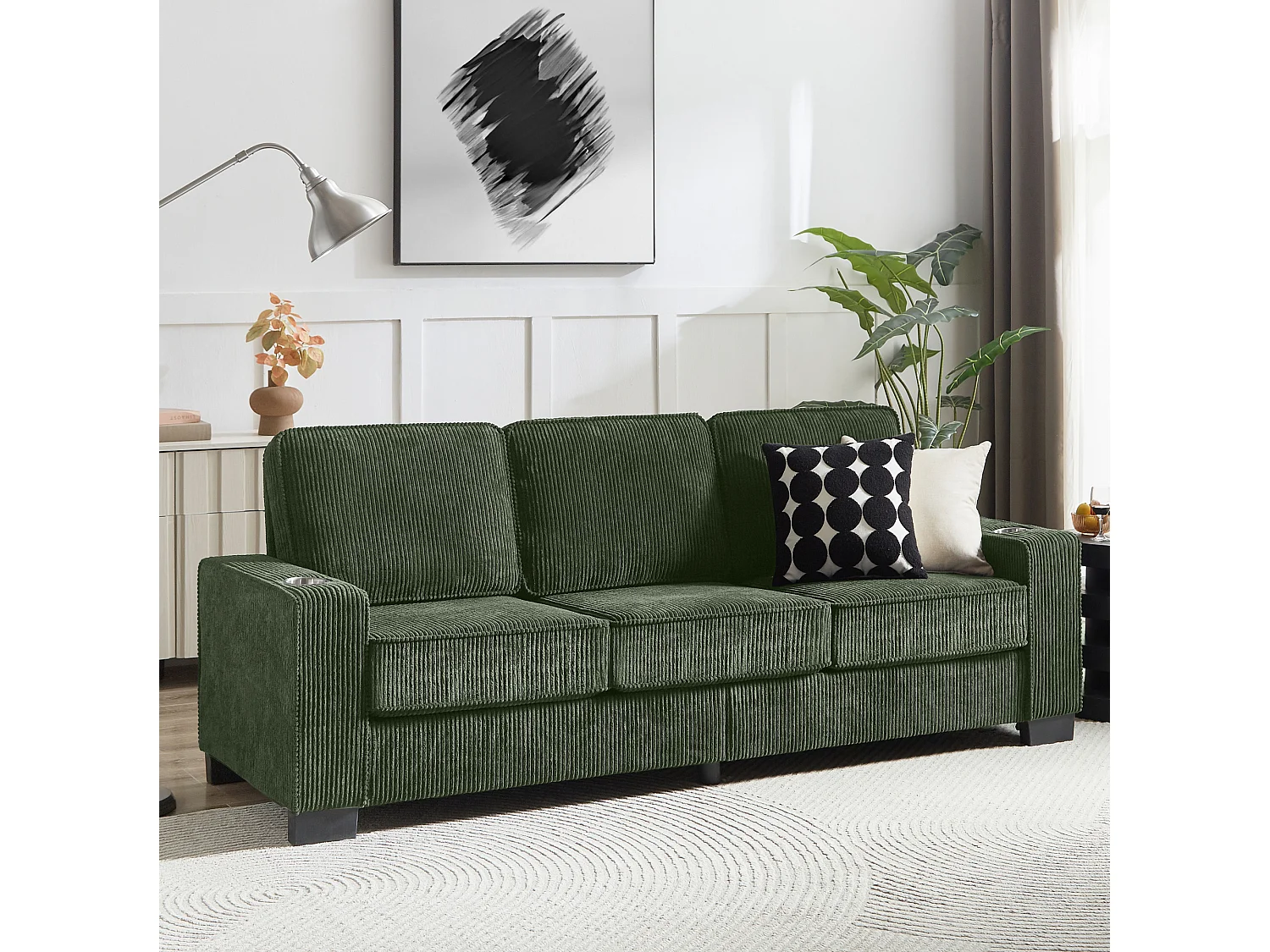 3-zits rechte bank met bekerhouders, ribfluweel, groen, 206x72x86 cm