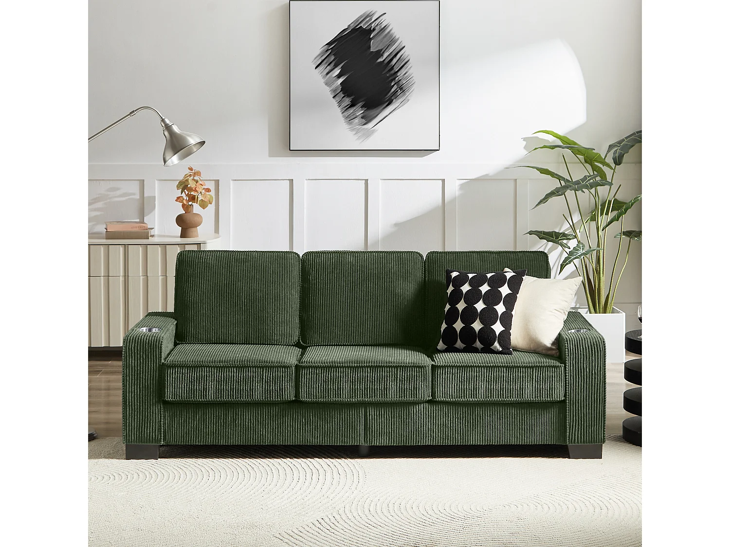 3-zits rechte bank met bekerhouders, ribfluweel, groen, 206x72x86 cm