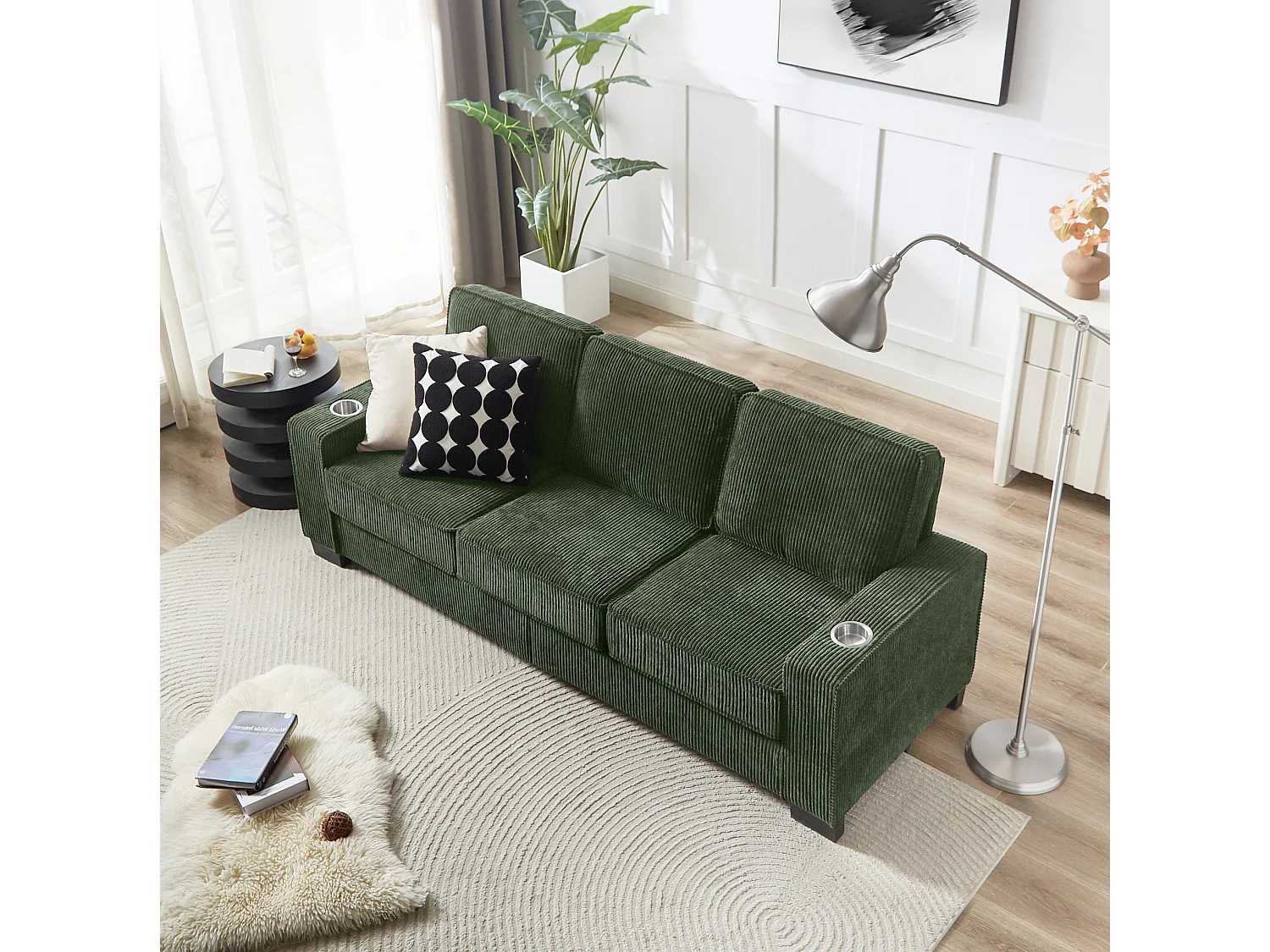 3-zits rechte bank met bekerhouders, ribfluweel, groen, 206x72x86 cm