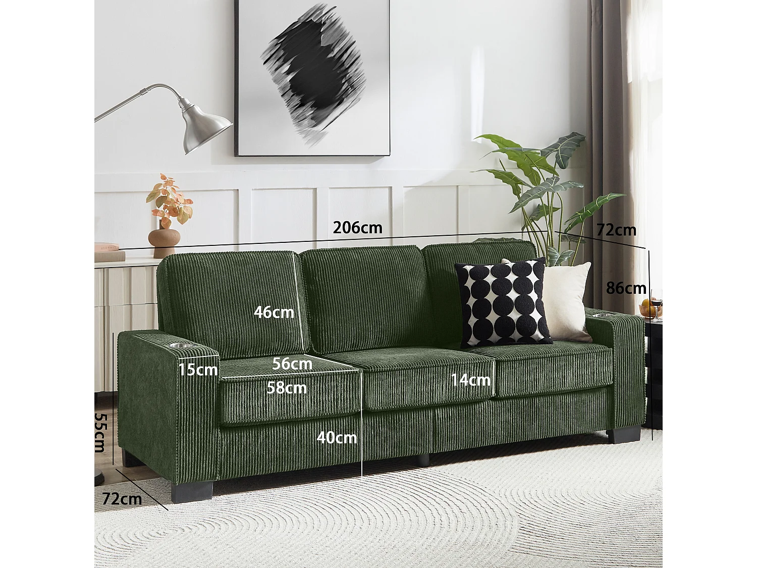 3-zits rechte bank met bekerhouders, ribfluweel, groen, 206x72x86 cm