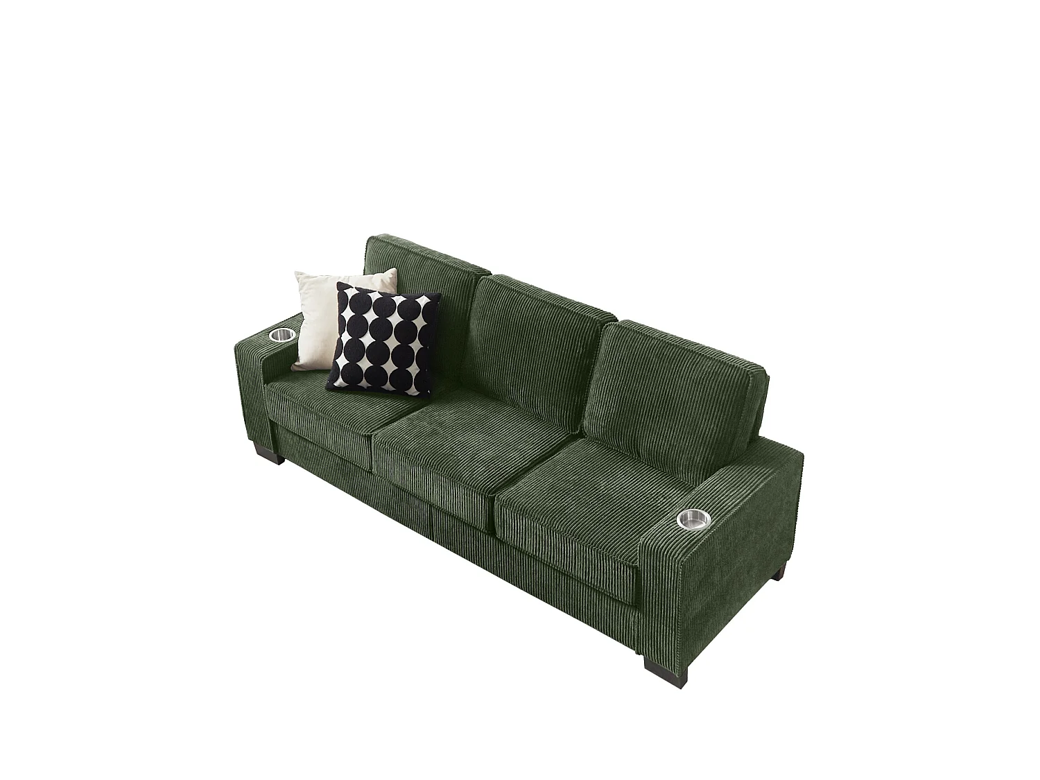 3-zits rechte bank met bekerhouders, ribfluweel, groen, 206x72x86 cm