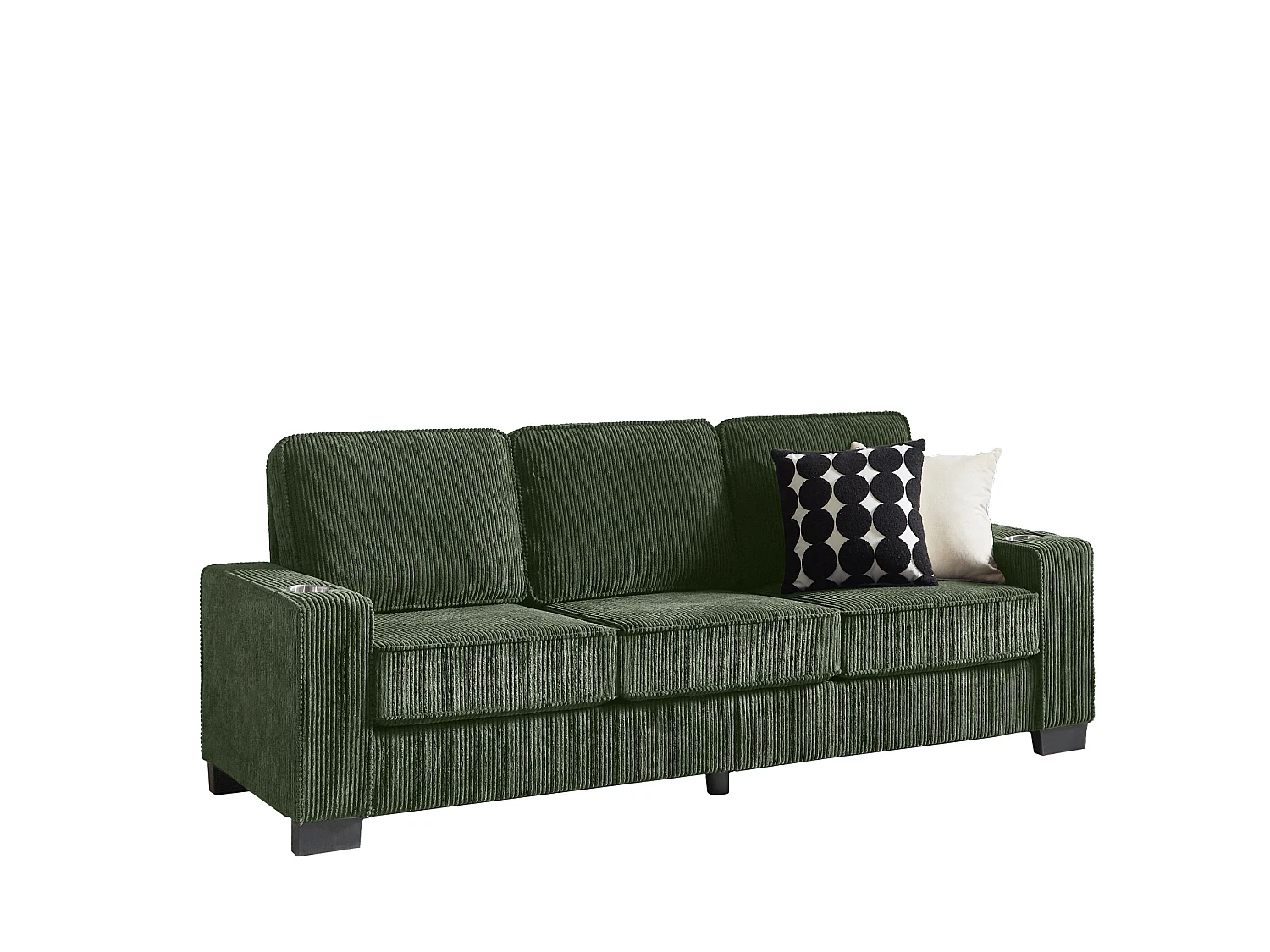 3-zits rechte bank met bekerhouders, ribfluweel, groen, 206x72x86 cm