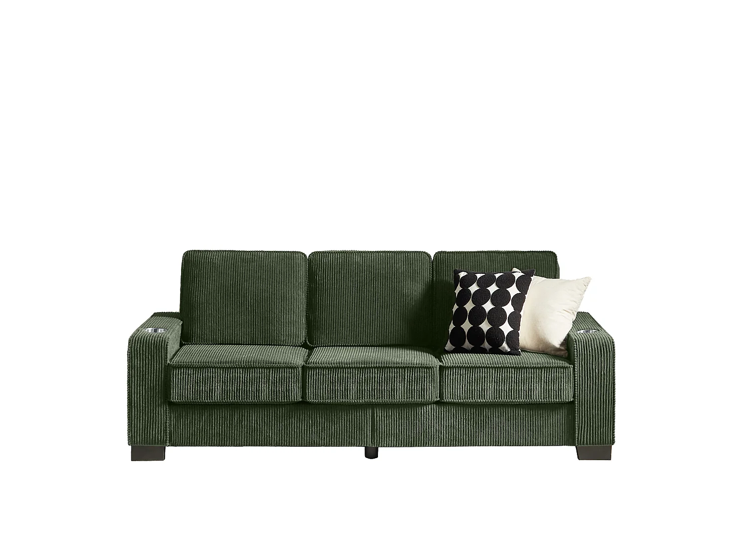 3-zits rechte bank met bekerhouders, ribfluweel, groen, 206x72x86 cm