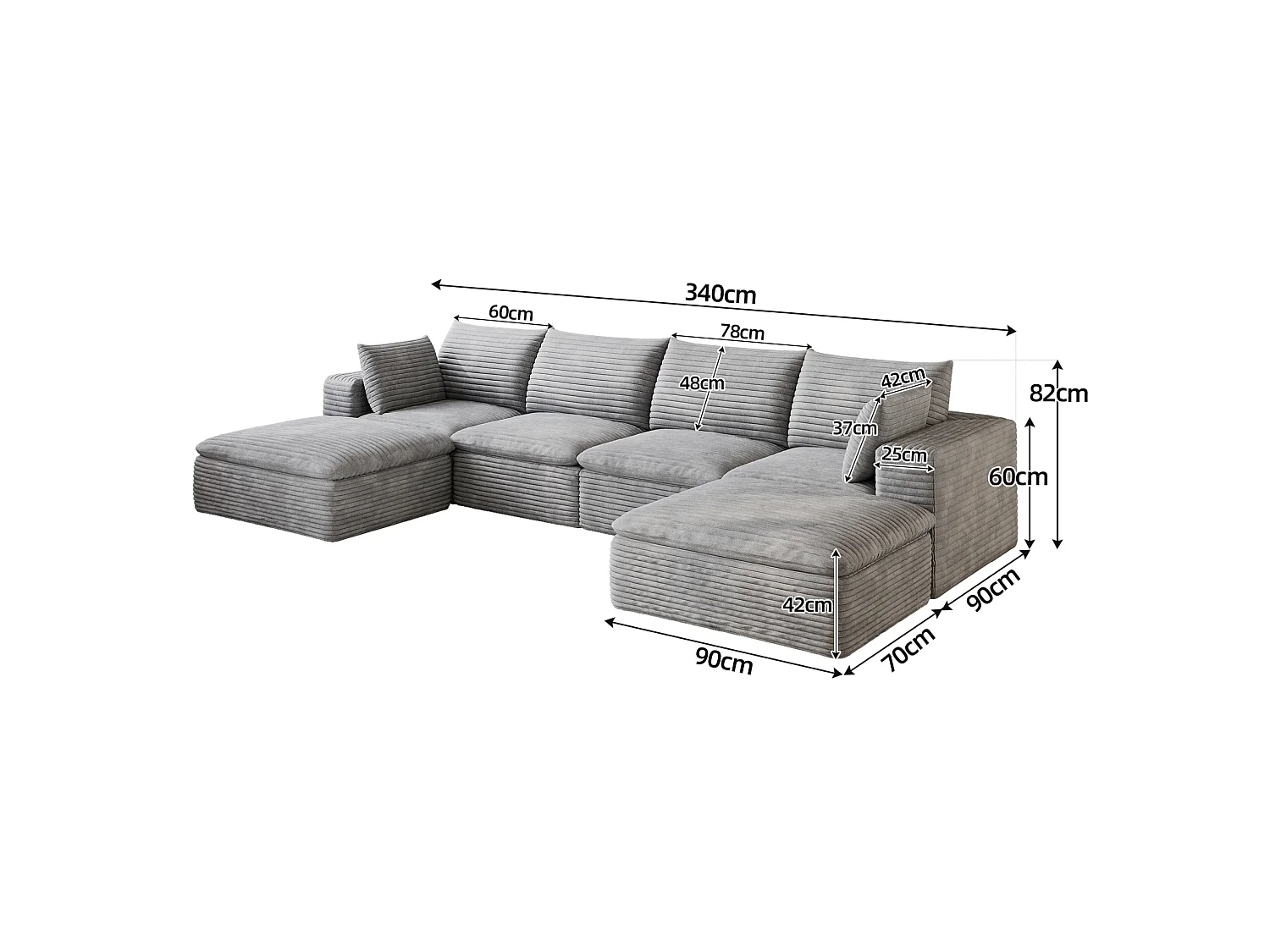 Modulaire 4-zits hoekbank met 2 voetenbanken en afneembaar zitkussen, ribfluweel, grijs