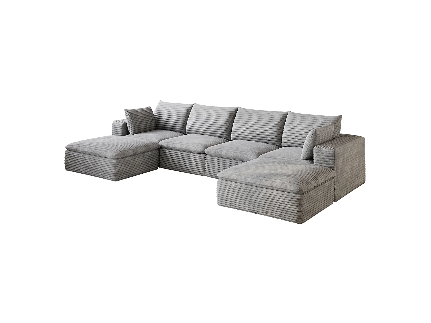 Modulaire 4-zits hoekbank met 2 voetenbanken en afneembaar zitkussen, ribfluweel, grijs