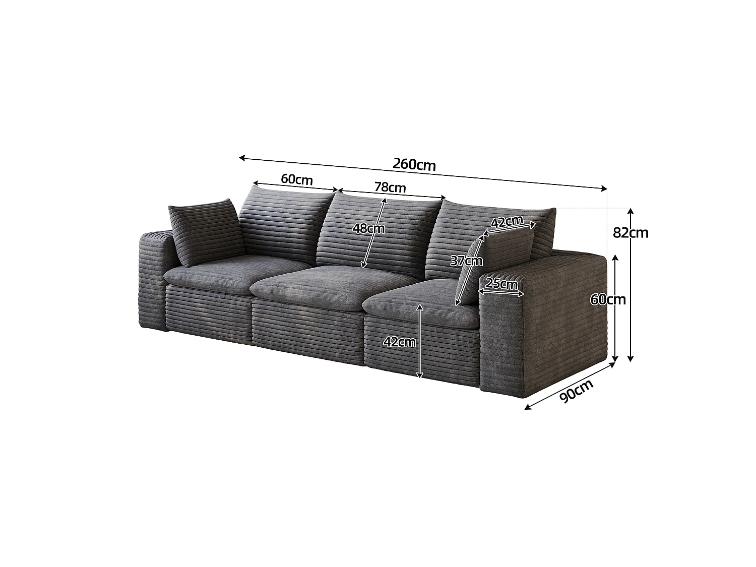 Modulaire 3-zitsbank met afneembaar zitkussen, ribfluweel, donkergrijs