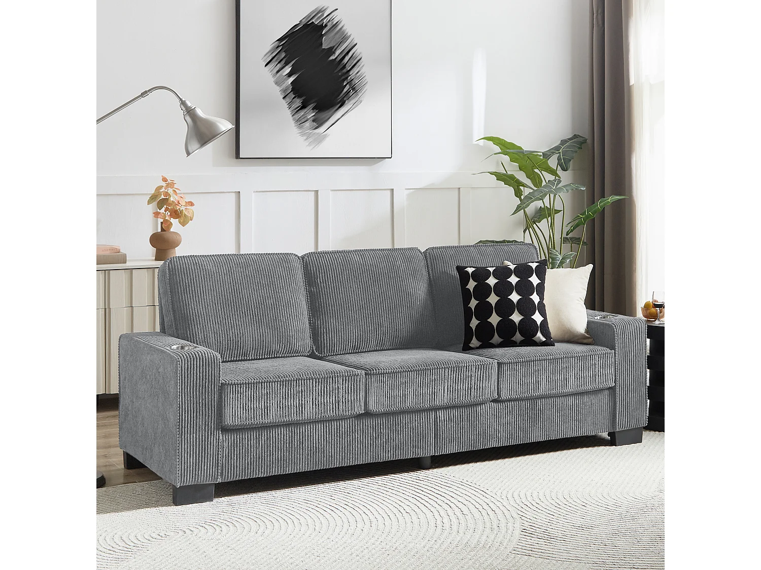 3-zits rechte bank met bekerhouders, ribfluweel, grijs, 206x72x86 cm