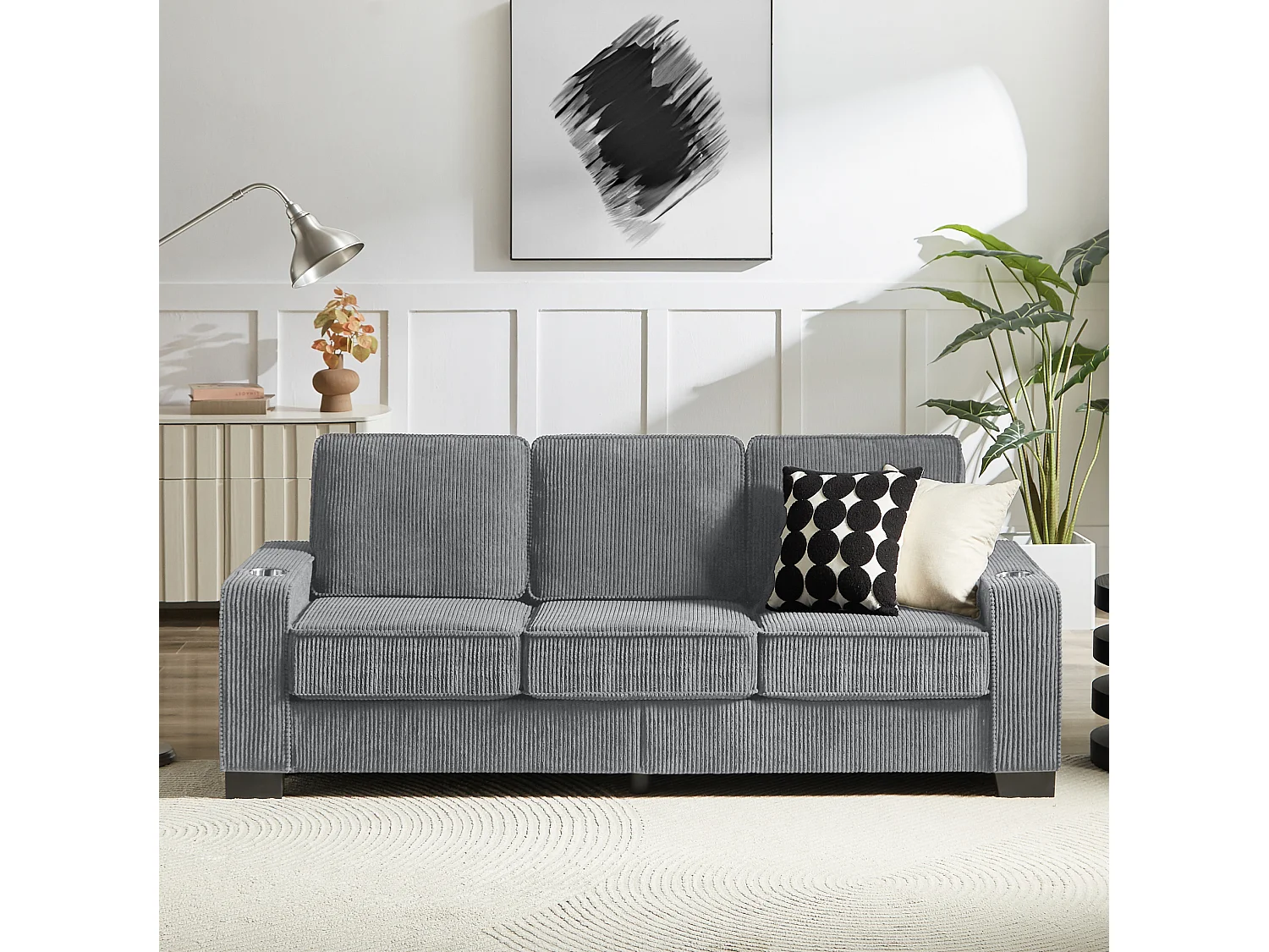 3-zits rechte bank met bekerhouders, ribfluweel, grijs, 206x72x86 cm