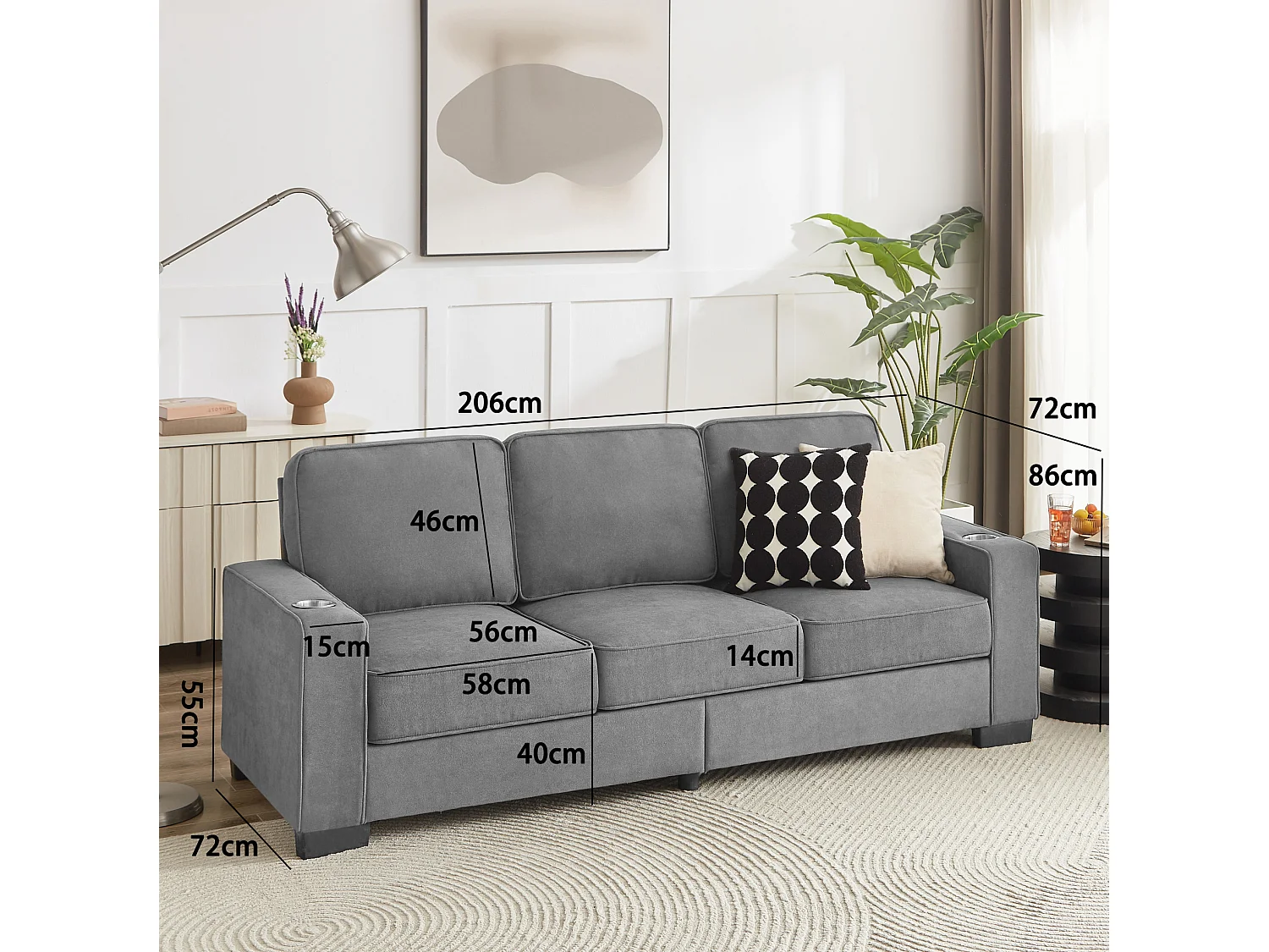 3-zits rechte bank met bekerhouders, ribfluweel, grijs, 206x72x86 cm