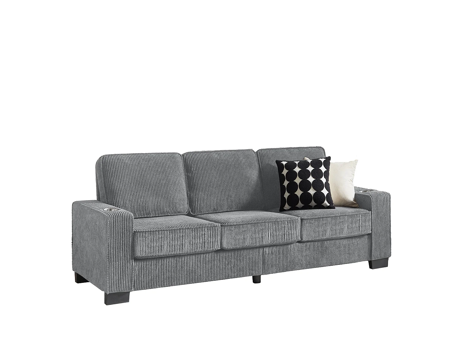 3-zits rechte bank met bekerhouders, ribfluweel, grijs, 206x72x86 cm