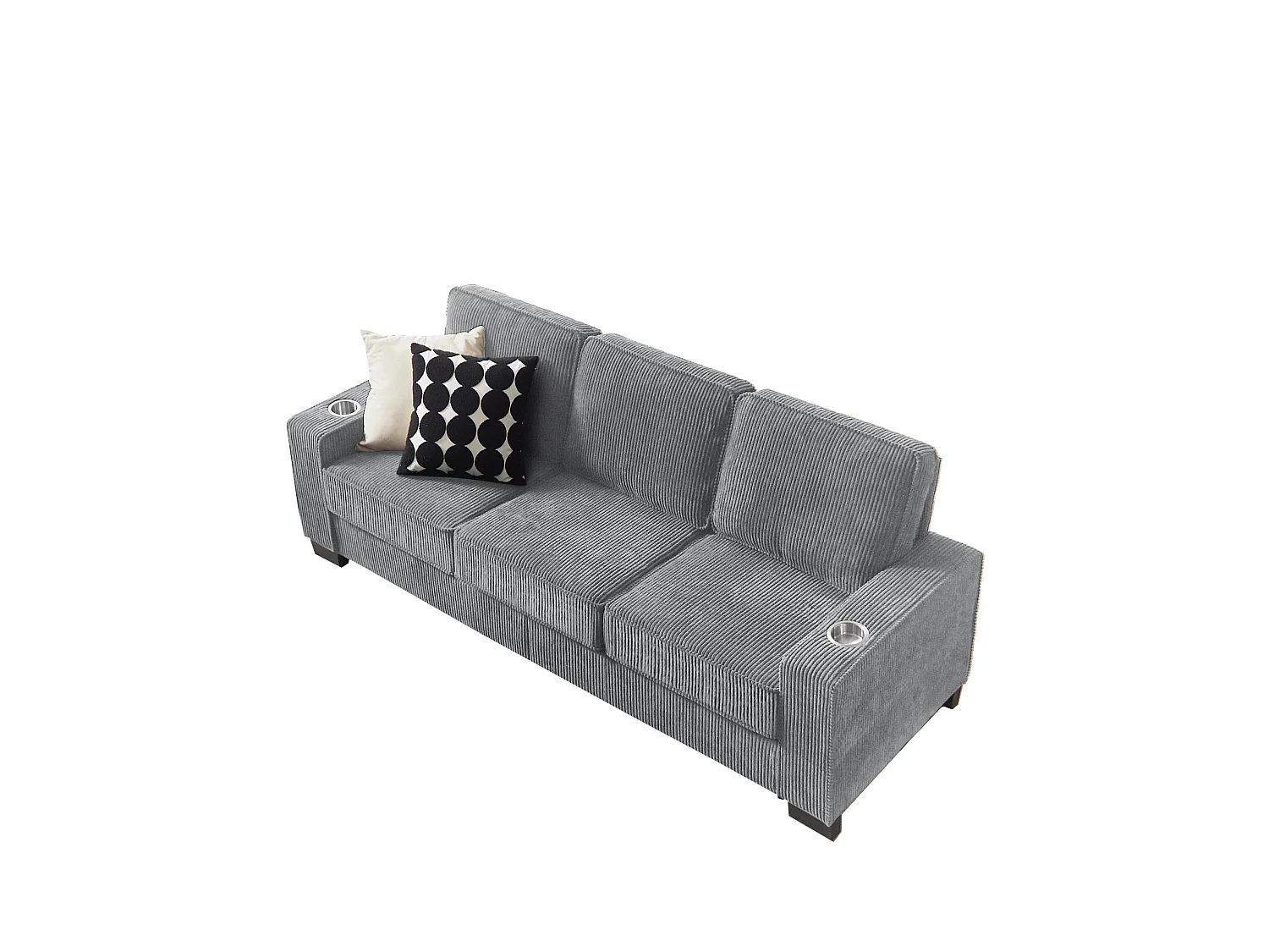 3-zits rechte bank met bekerhouders, ribfluweel, grijs, 206x72x86 cm