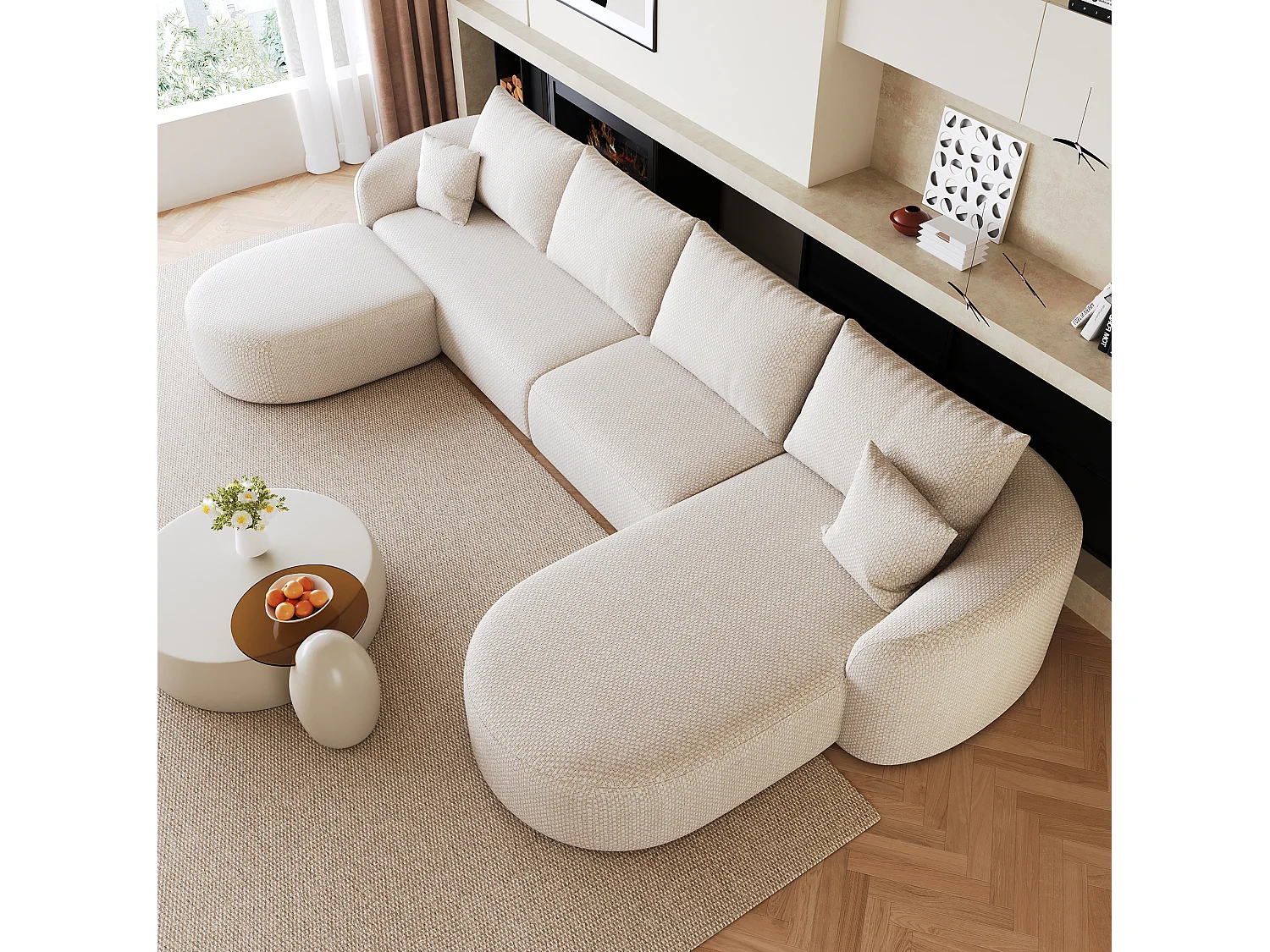 4-zits U-vormige hoekbank met voetenbank, rechterhoek, zonder montage, stoffen bekleding, wit, 336x168x85 cm