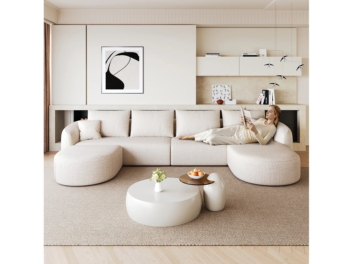 4-zits U-vormige hoekbank met voetenbank, rechterhoek, zonder montage, stoffen bekleding, wit, 336x168x85 cm