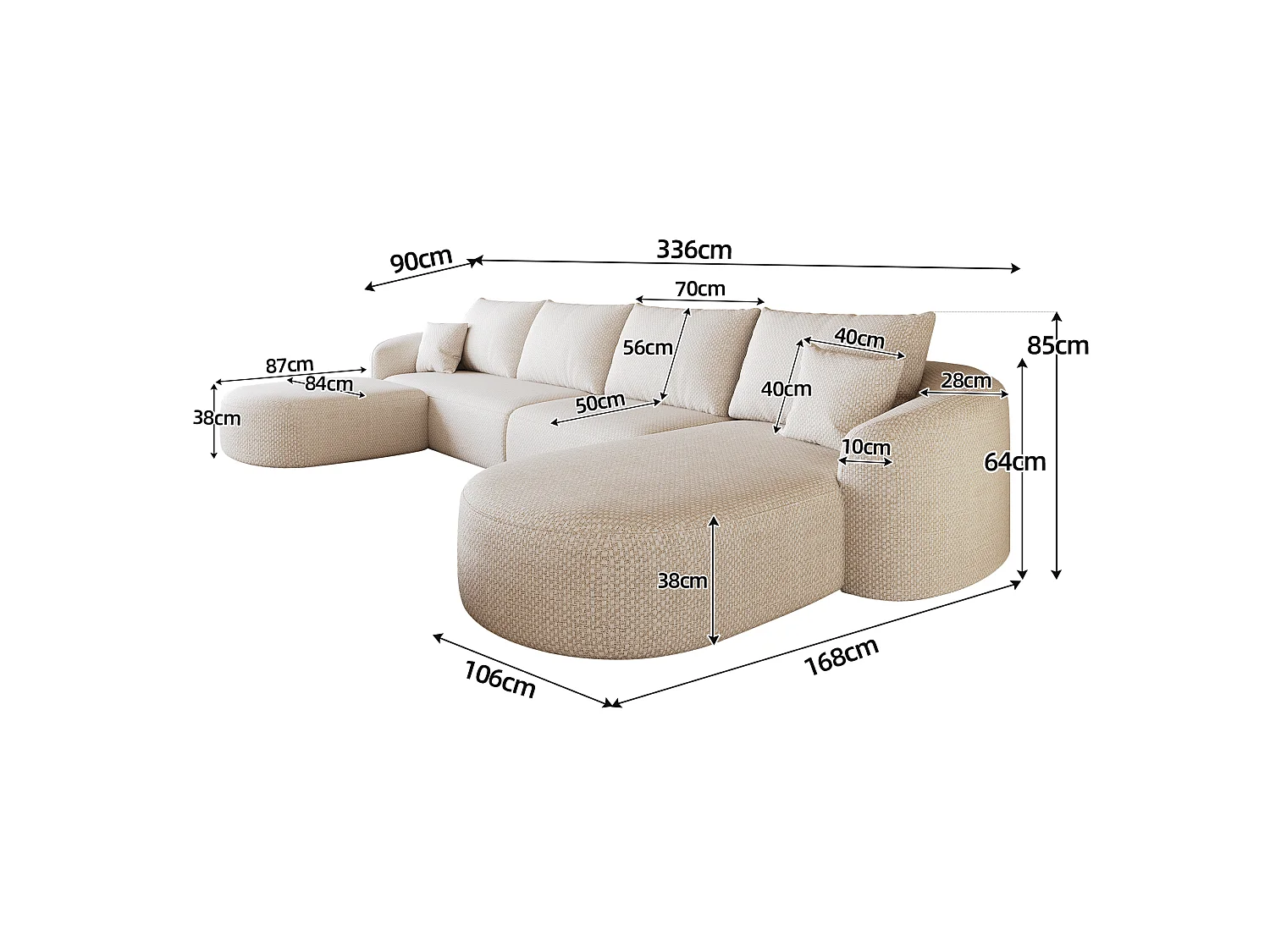4-zits U-vormige hoekbank met voetenbank, rechterhoek, zonder montage, stoffen bekleding, wit, 336x168x85 cm