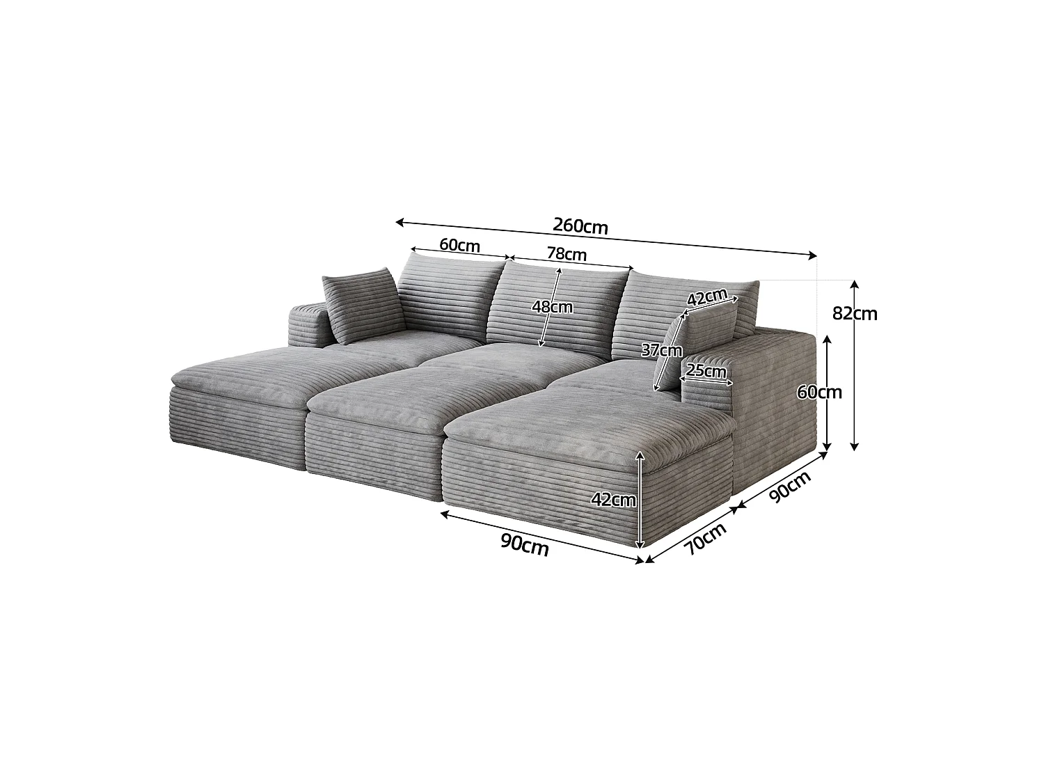 Modulaire 3-zits hoekbank met 3 voetenbanken en afneembaar zitkussen, ribfluweel, grijs