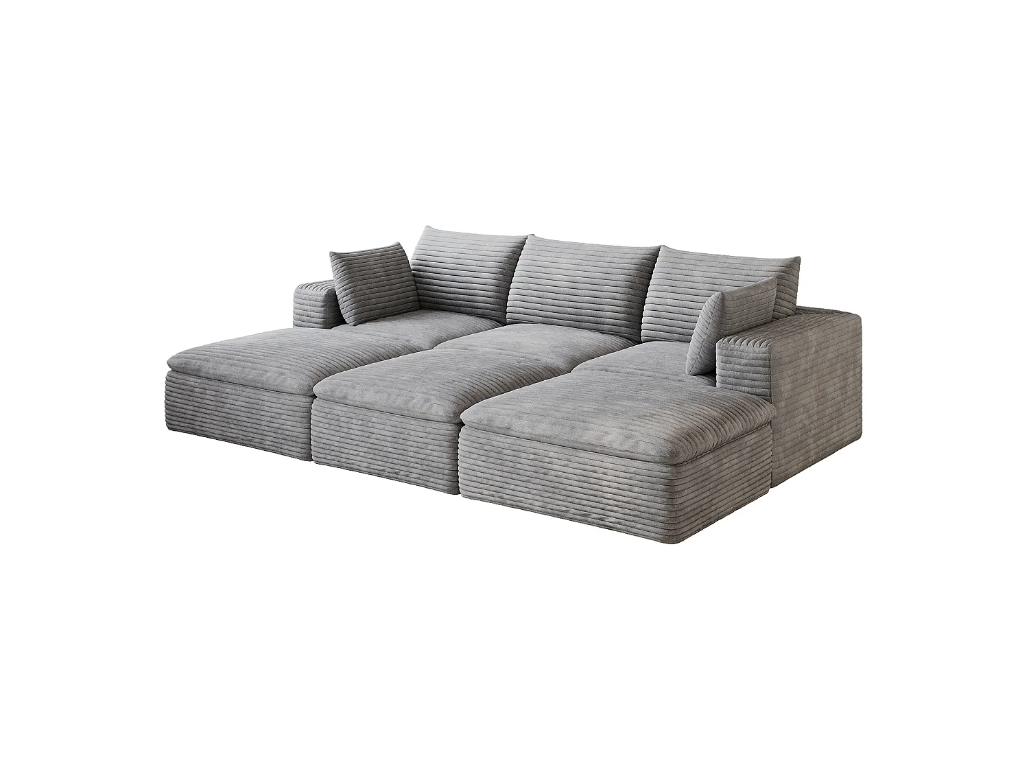 Modulaire 3-zits hoekbank met 3 voetenbanken en afneembaar zitkussen, ribfluweel, grijs