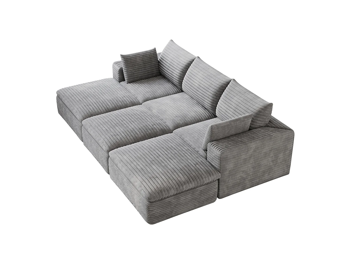 Modulaire 3-zits hoekbank met 3 voetenbanken en afneembaar zitkussen, ribfluweel, grijs
