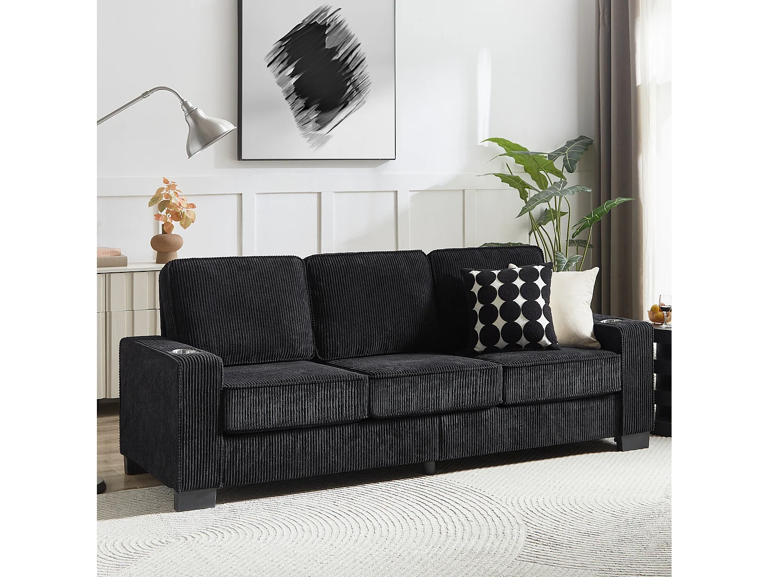 3-zits rechte bank met bekerhouders, ribfluweel, zwart, 206x72x86 cm