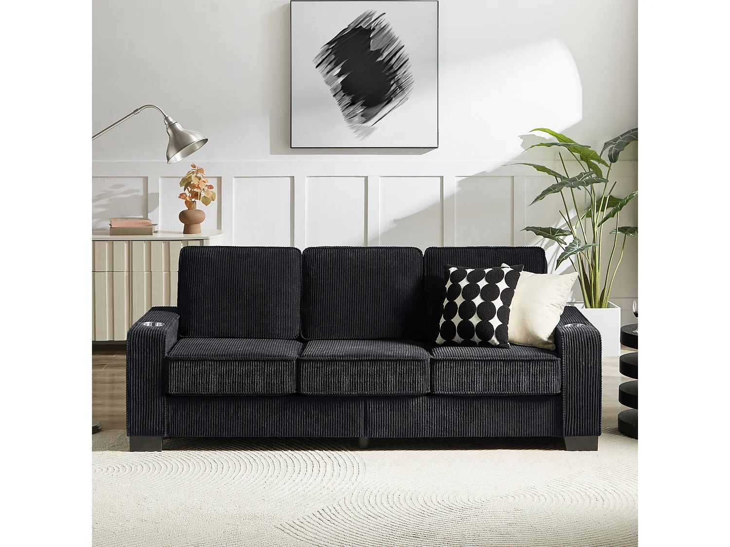 3-zits rechte bank met bekerhouders, ribfluweel, zwart, 206x72x86 cm