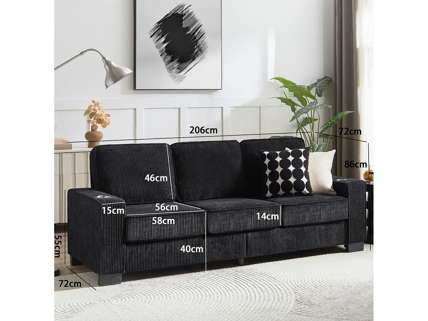 3-zits rechte bank met bekerhouders, ribfluweel, zwart, 206x72x86 cm