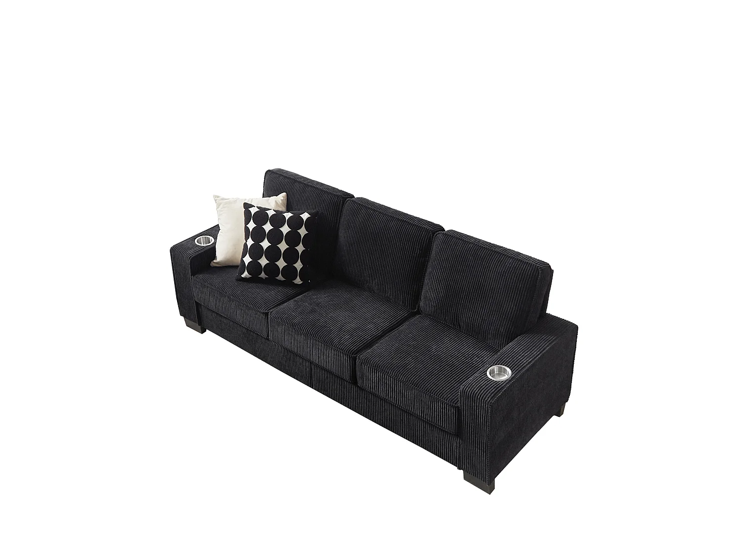 3-zits rechte bank met bekerhouders, ribfluweel, zwart, 206x72x86 cm