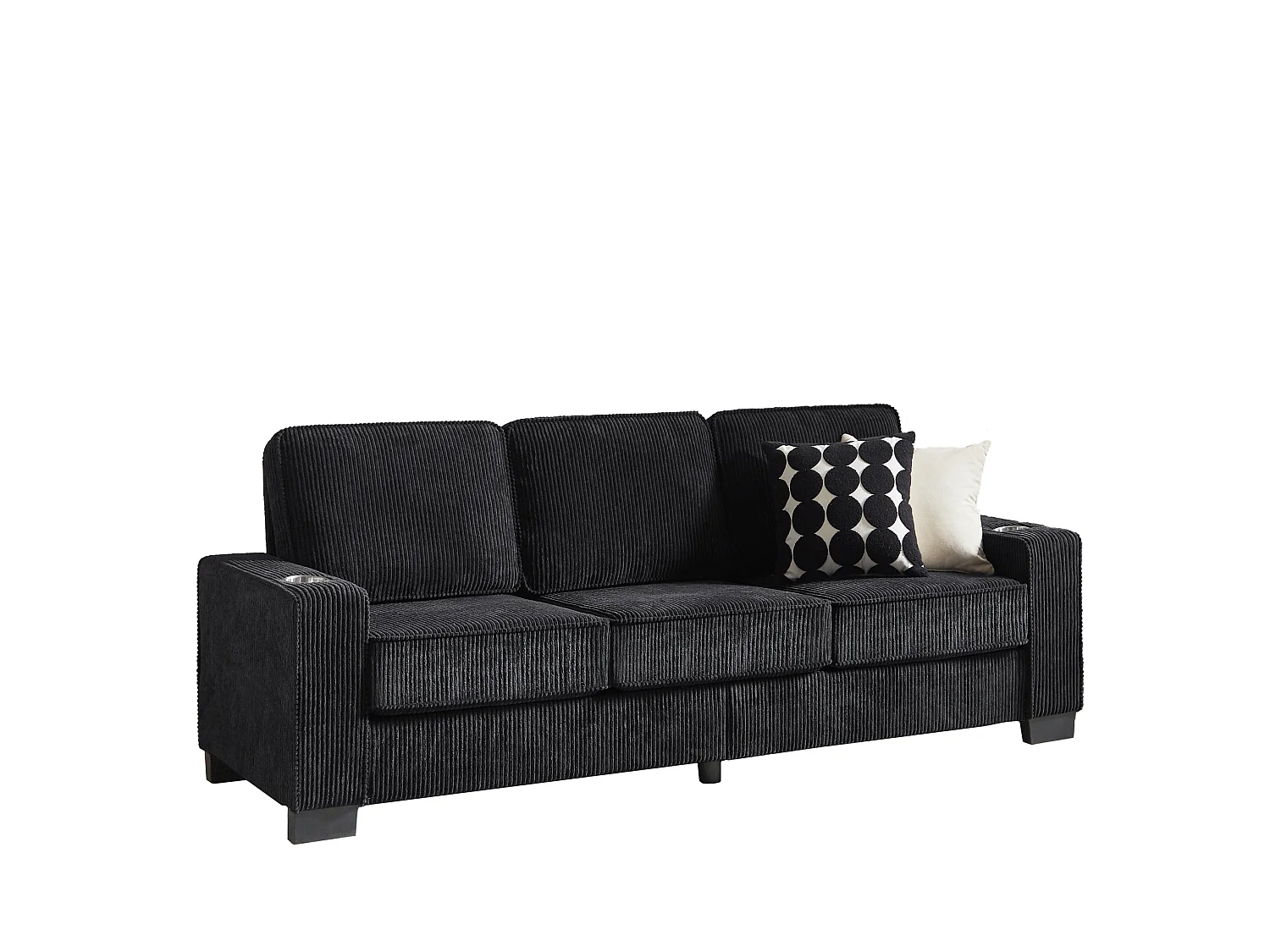 3-zits rechte bank met bekerhouders, ribfluweel, zwart, 206x72x86 cm