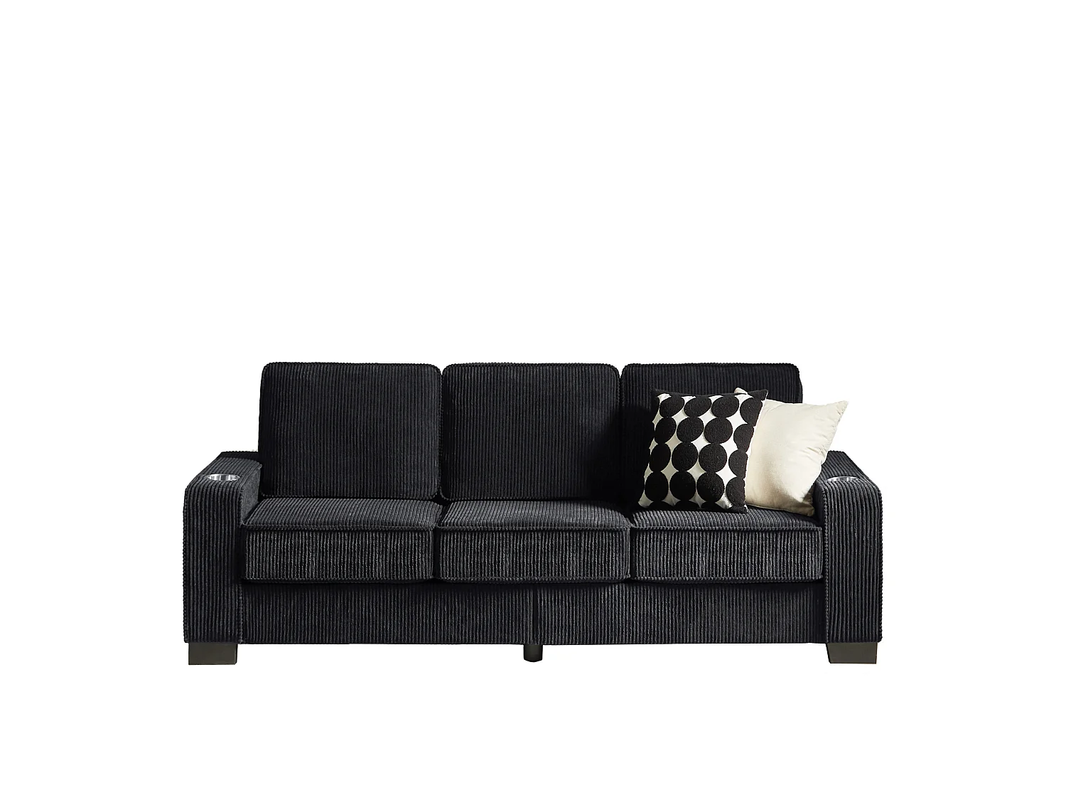 3-zits rechte bank met bekerhouders, ribfluweel, zwart, 206x72x86 cm