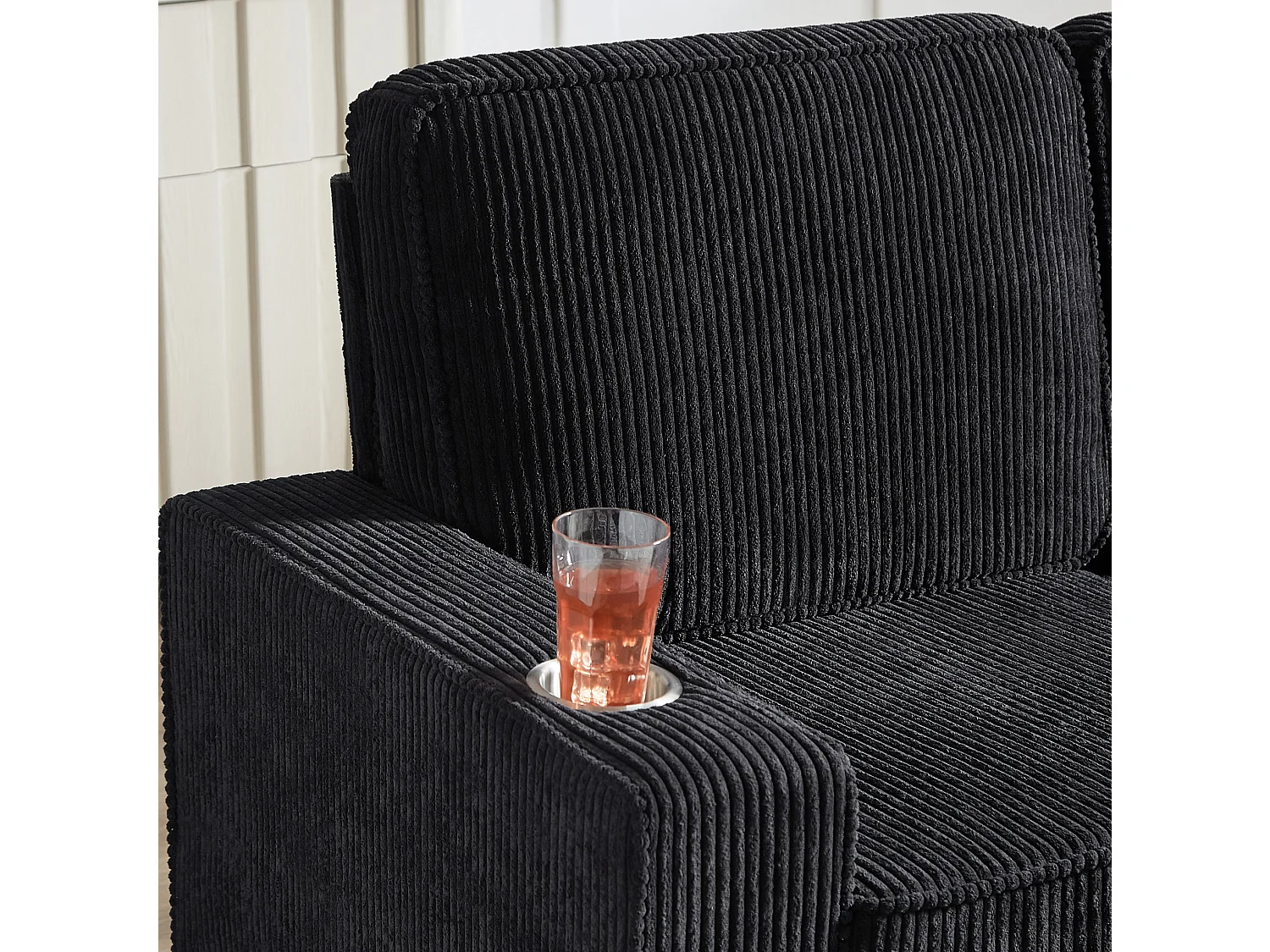 3-zits rechte bank met bekerhouders, ribfluweel, zwart, 206x72x86 cm