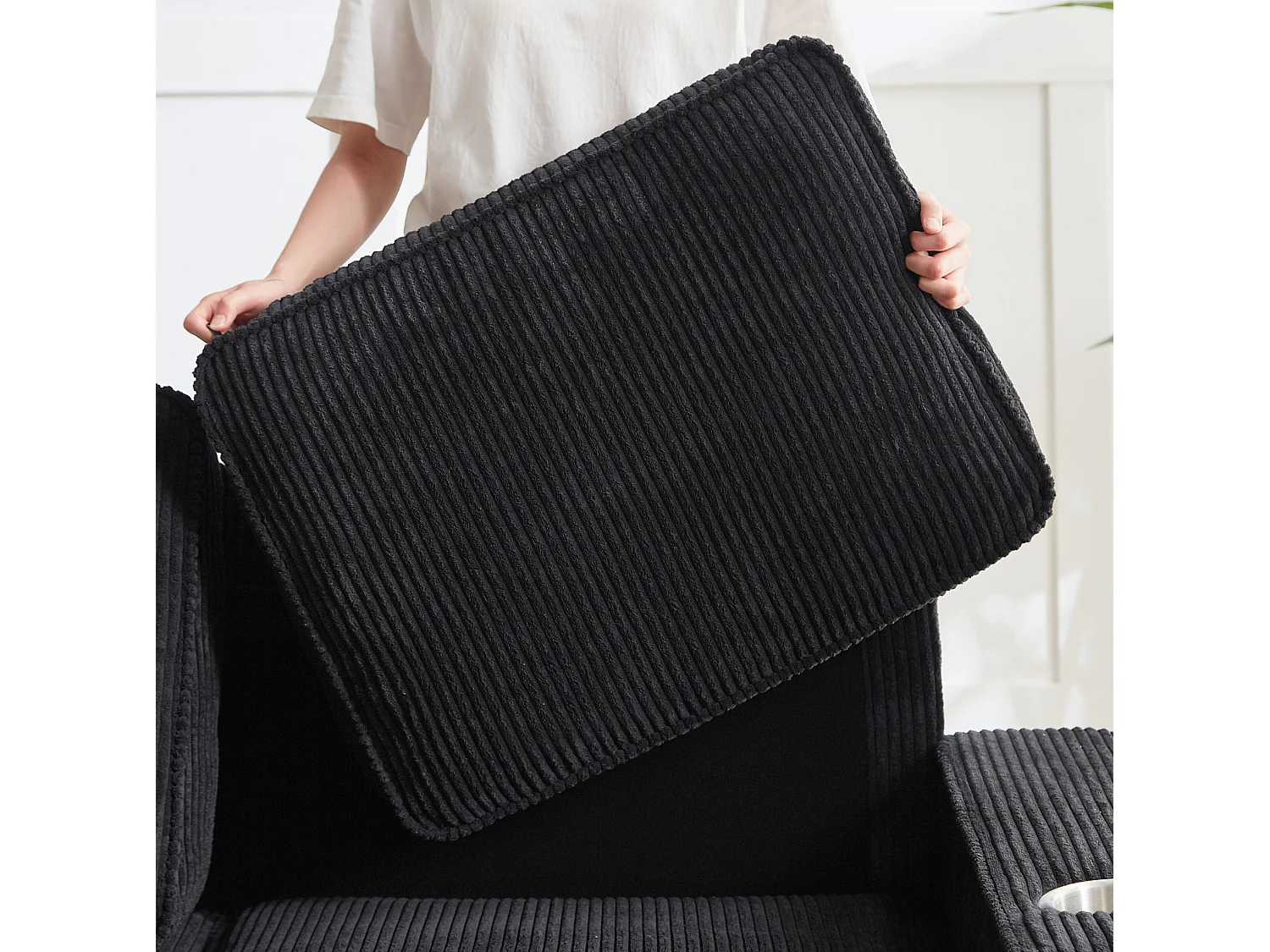 3-zits rechte bank met bekerhouders, ribfluweel, zwart, 206x72x86 cm