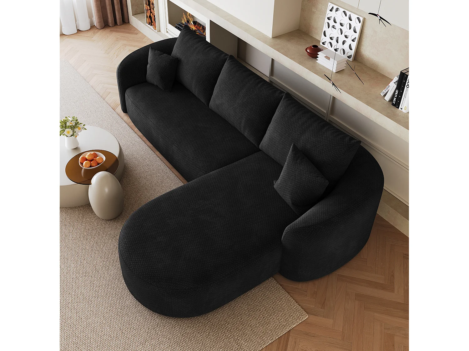 Modulaire 3-zits hoekbank, rechterhoek, stoffen bekleding, zwart, 266x168x85 cm