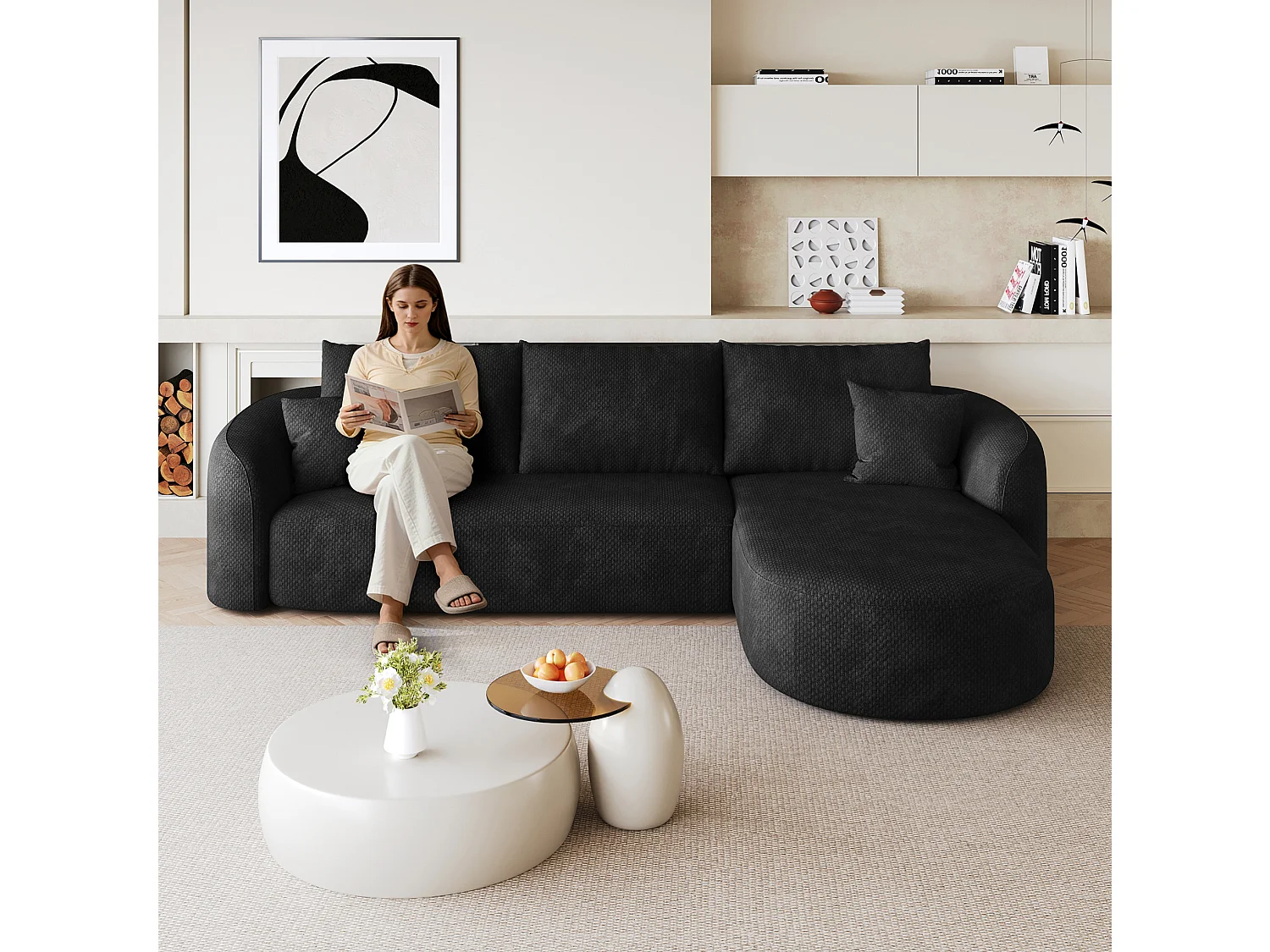 Modulaire 3-zits hoekbank, rechterhoek, stoffen bekleding, zwart, 266x168x85 cm