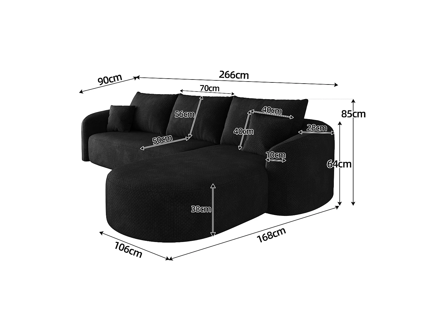 Modulaire 3-zits hoekbank, rechterhoek, stoffen bekleding, zwart, 266x168x85 cm