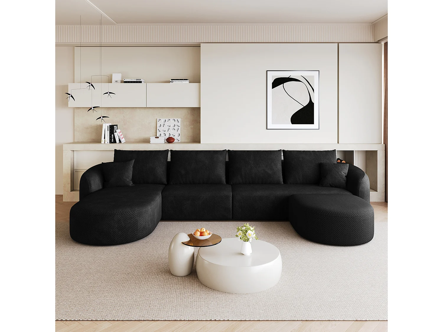 Canapé d'angle en U 4 places avec repose-pieds, angle à gauche, sans montage, en tissu, noir, 336x168x85 cm