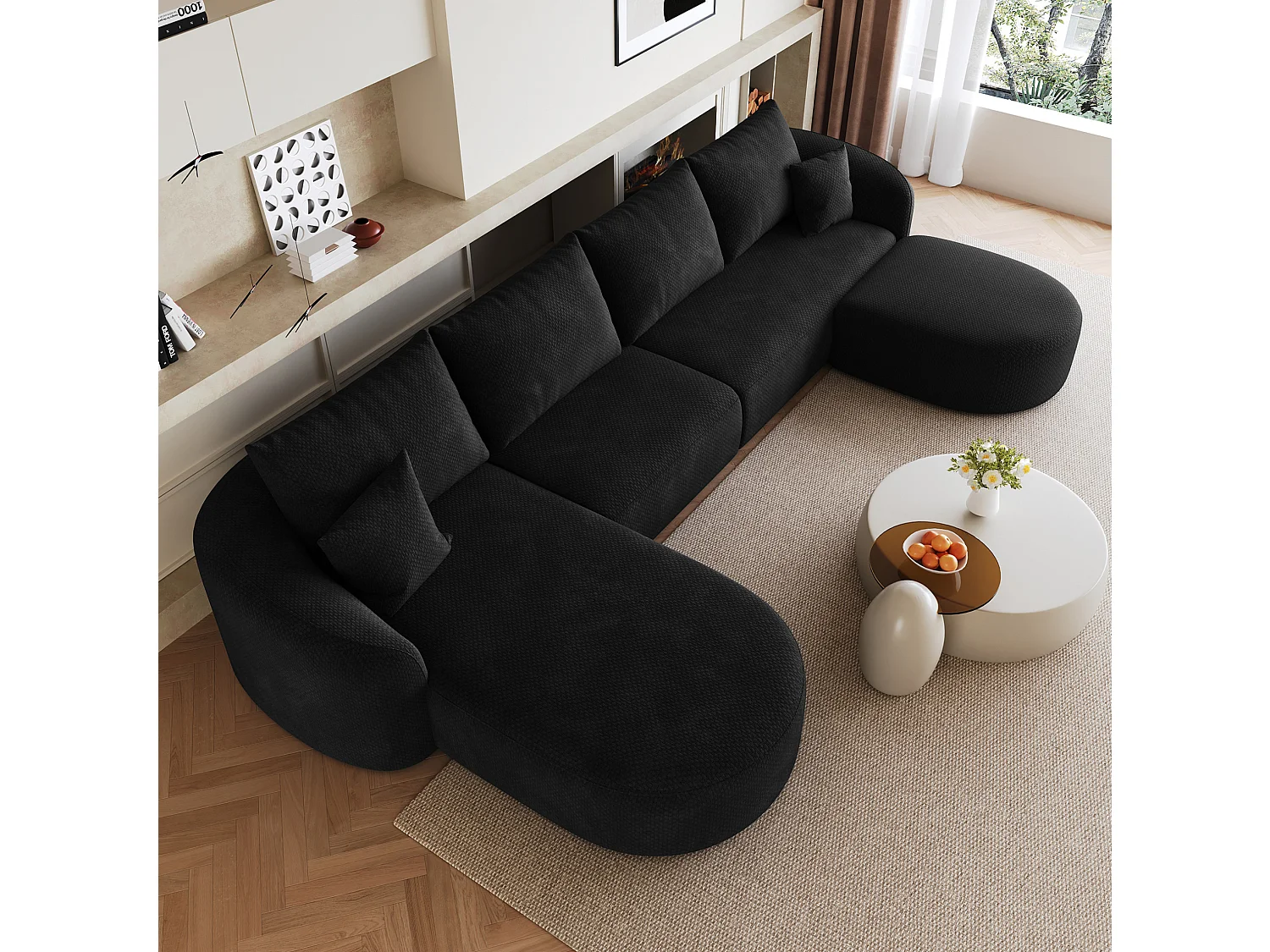 Canapé d'angle en U 4 places avec repose-pieds, angle à gauche, sans montage, en tissu, noir, 336x168x85 cm
