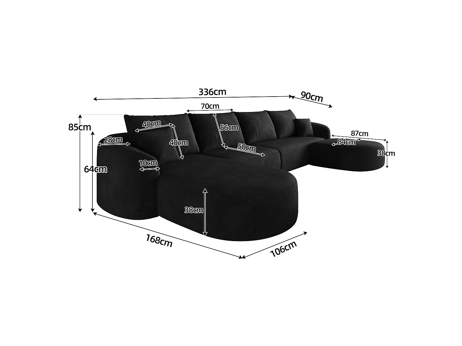 Canapé d'angle en U 4 places avec repose-pieds, angle à gauche, sans montage, en tissu, noir, 336x168x85 cm